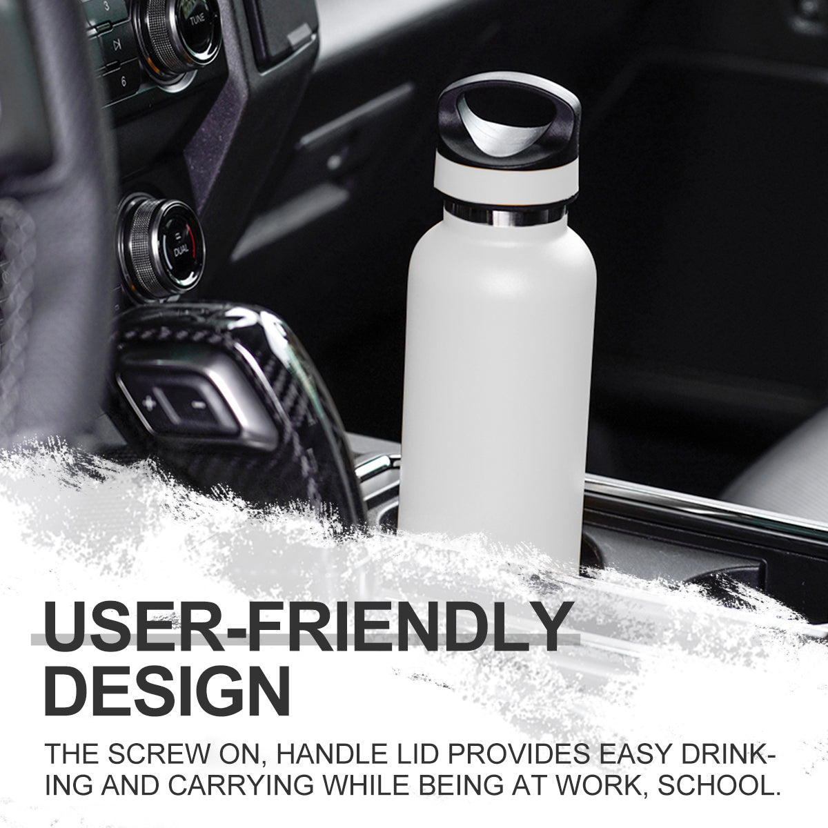 LIFE'S EASY 20 oz. Sports Insulated Water Bottle with Lid. Stainless Steel Vacuum Double Wall Thermo for Modern Hot and Cold Drinks, Simple Metal Hydro Canteen for Travel Men and Women (White) M417D