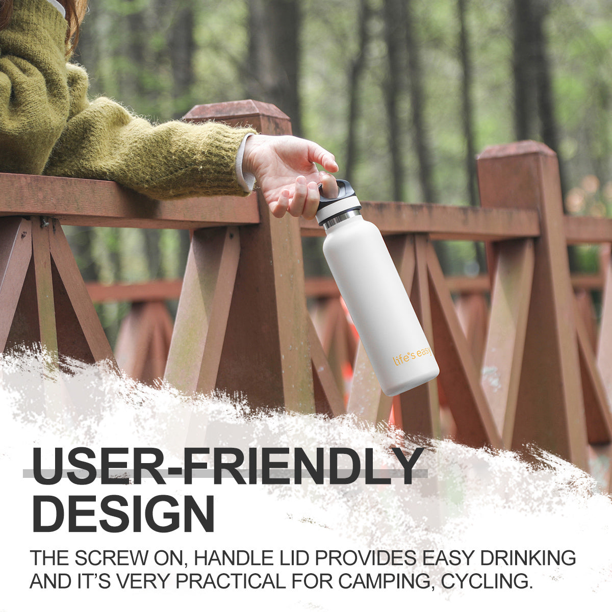 LIFE'S EASY 20 oz. Sports Insulated Water Bottle with Lid. Stainless Steel Vacuum Double Wall Thermo for Modern Hot and Cold Drinks, Simple Metal Hydro Canteen for Travel Men and Women (White) M417D