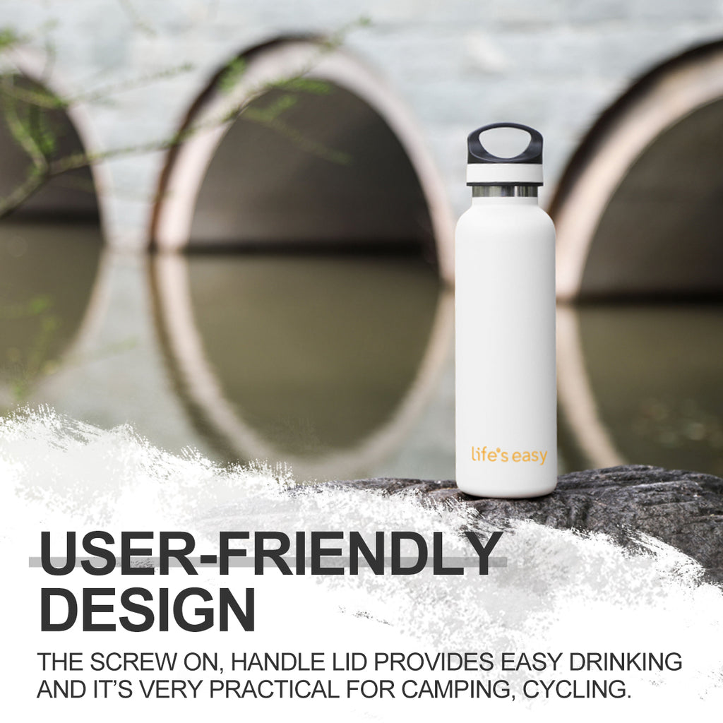 LIFE'S EASY 20 oz. Sports Insulated Water Bottle with Lid. Stainless Steel Vacuum Double Wall Thermo for Modern Hot and Cold Drinks, Simple Metal Hydro Canteen for Travel Men and Women (White) M417D