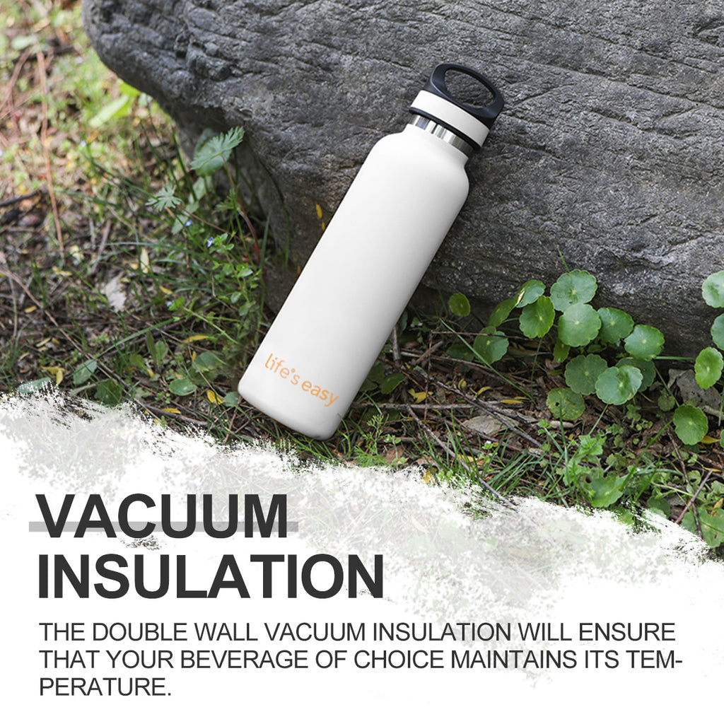 LIFE'S EASY 20 oz. Sports Insulated Water Bottle with Lid. Stainless Steel Vacuum Double Wall Thermo for Modern Hot and Cold Drinks, Simple Metal Hydro Canteen for Travel Men and Women (White) M417D
