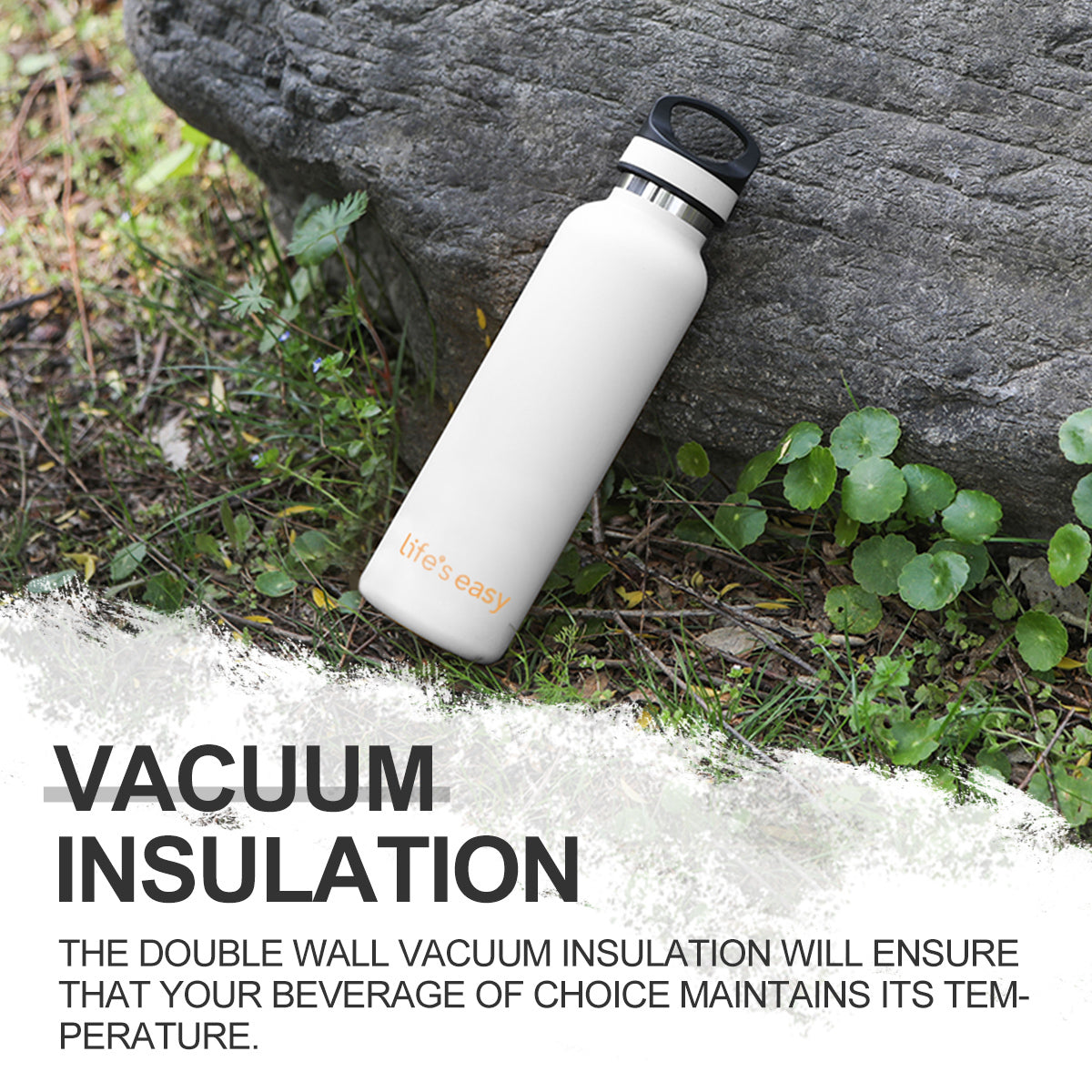 LIFE'S EASY 20 oz. Sports Insulated Water Bottle with Lid. Stainless Steel Vacuum Double Wall Thermo for Modern Hot and Cold Drinks, Simple Metal Hydro Canteen for Travel Men and Women (White) M417D