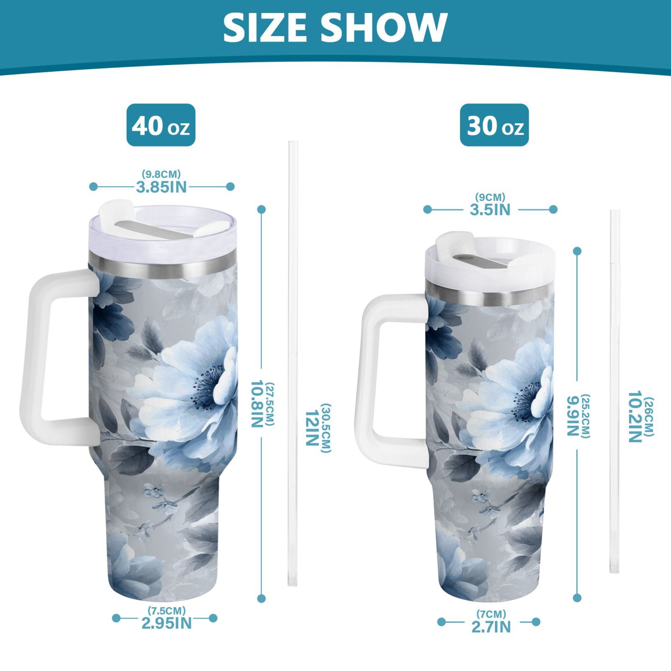 40 oz Insulated Stainless Steel Tumbler Double Wall Stainless Steel Tumbler with 2-Way Drinking White Floral Pattern M584Y
