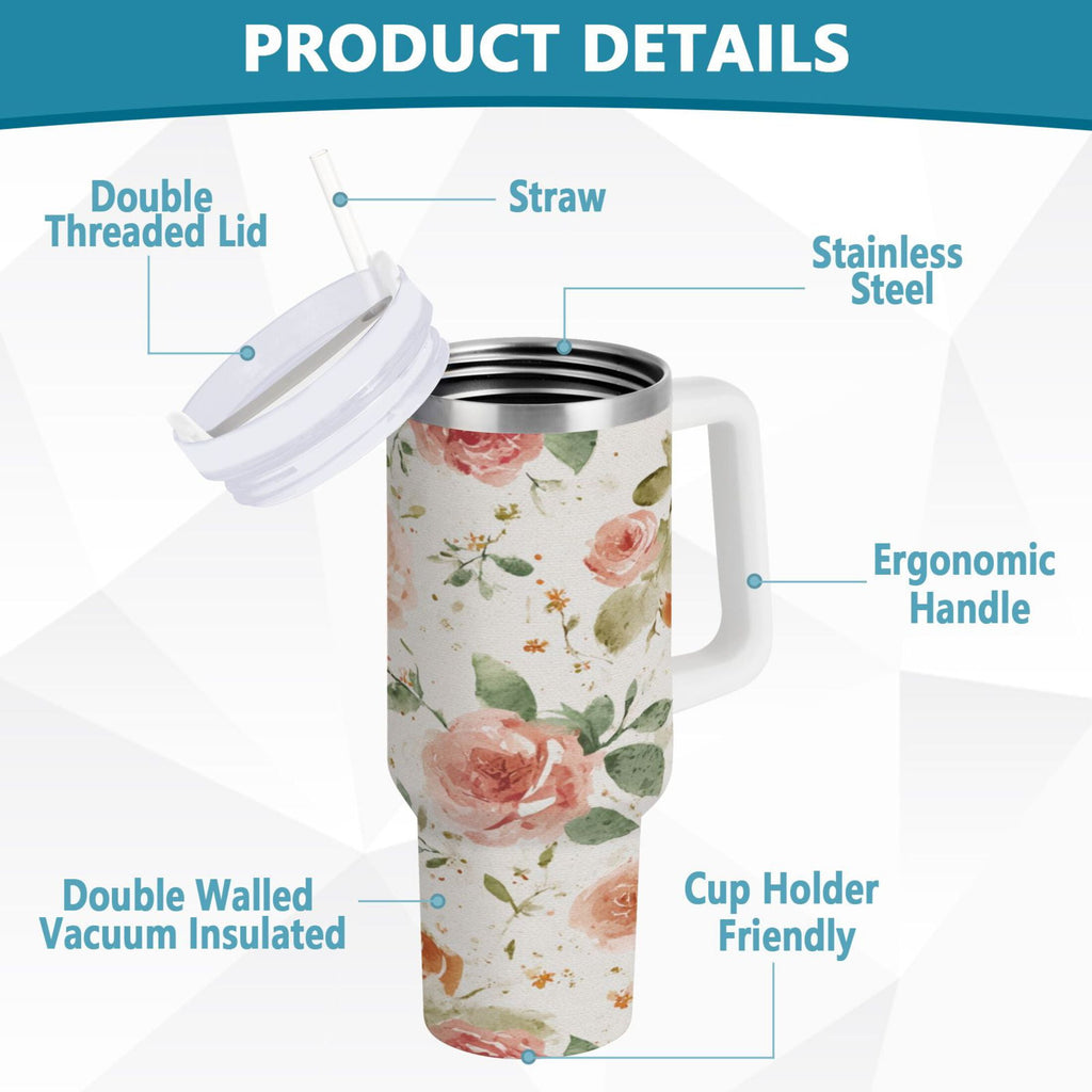 40 oz Insulated Stainless Steel Tumbler Double Wall Stainless Steel Tumbler with 2-Way Drinking Watercolor Rose Floral Pattern M499R