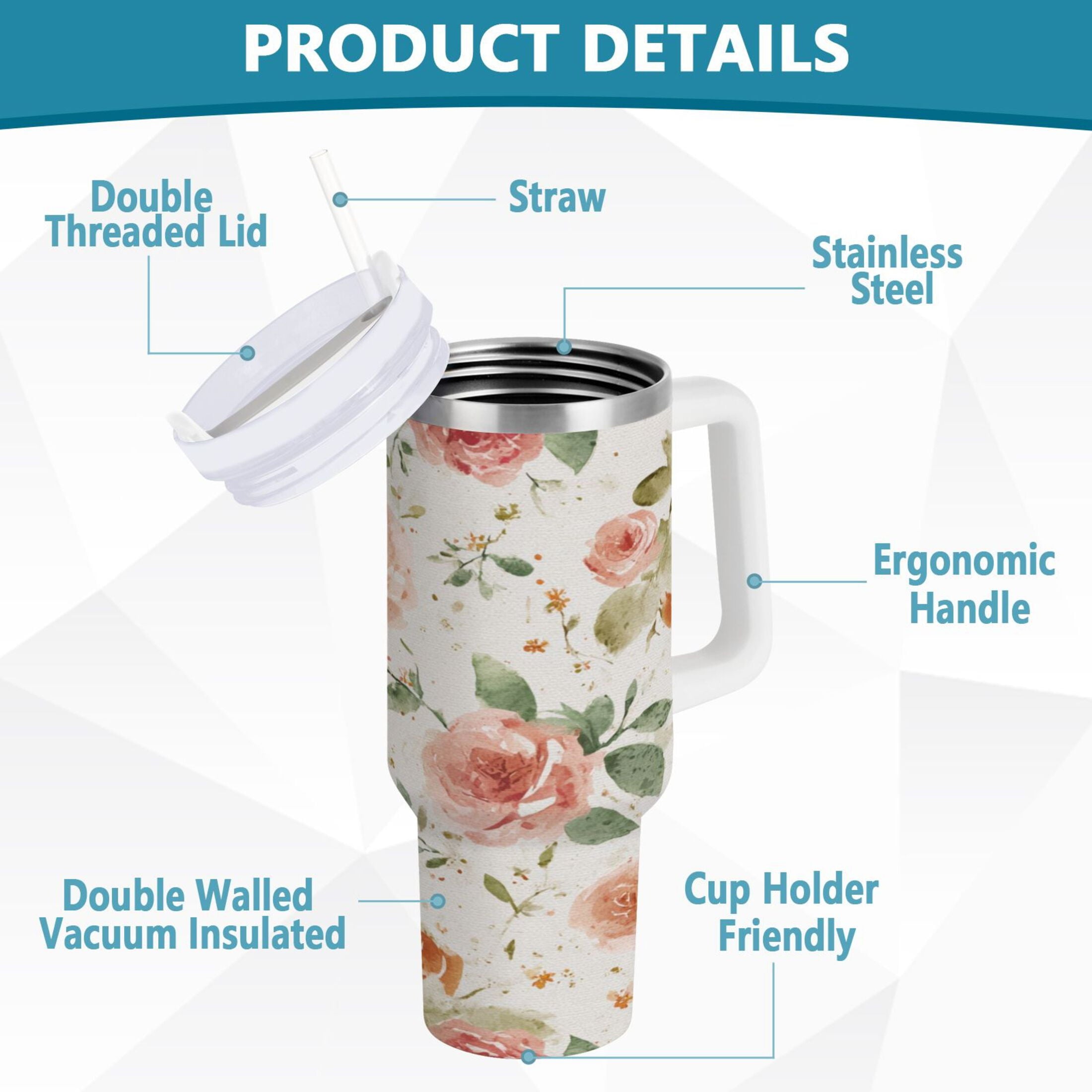 40 oz Insulated Stainless Steel Tumbler Double Wall Stainless Steel Tumbler with 2-Way Drinking Watercolor Rose Floral Pattern M499R
