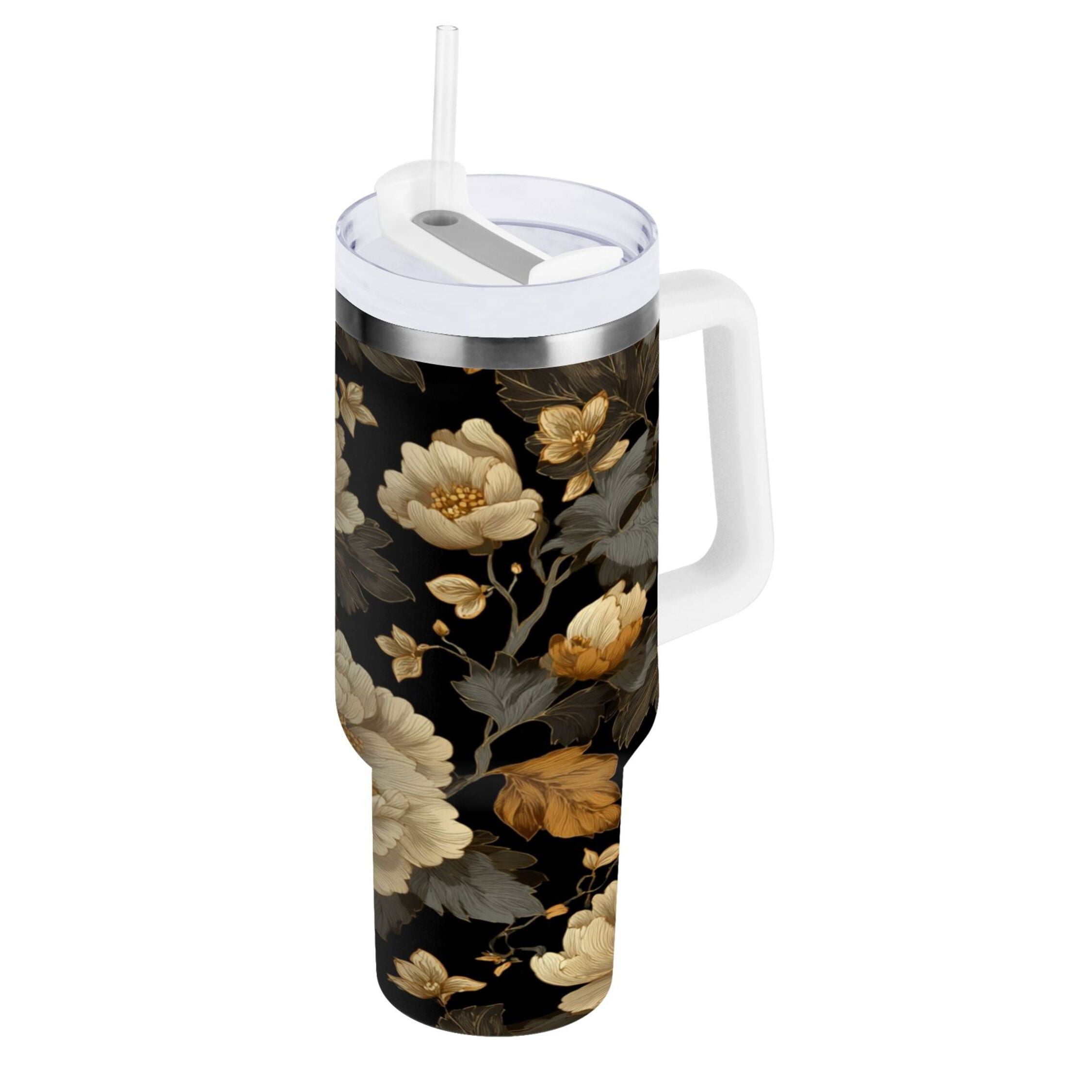 30 oz Insulated Stainless Steel Tumbler Double Wall Stainless Steel Tumbler with 2-Way Drinking Elegant Beige Floral M486C