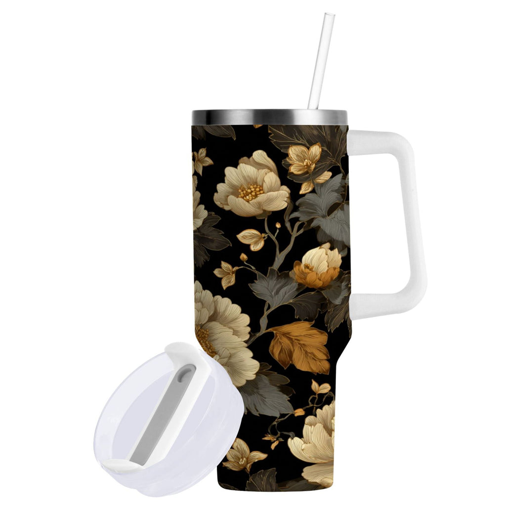 30 oz Insulated Stainless Steel Tumbler Double Wall Stainless Steel Tumbler with 2-Way Drinking Elegant Beige Floral M486C