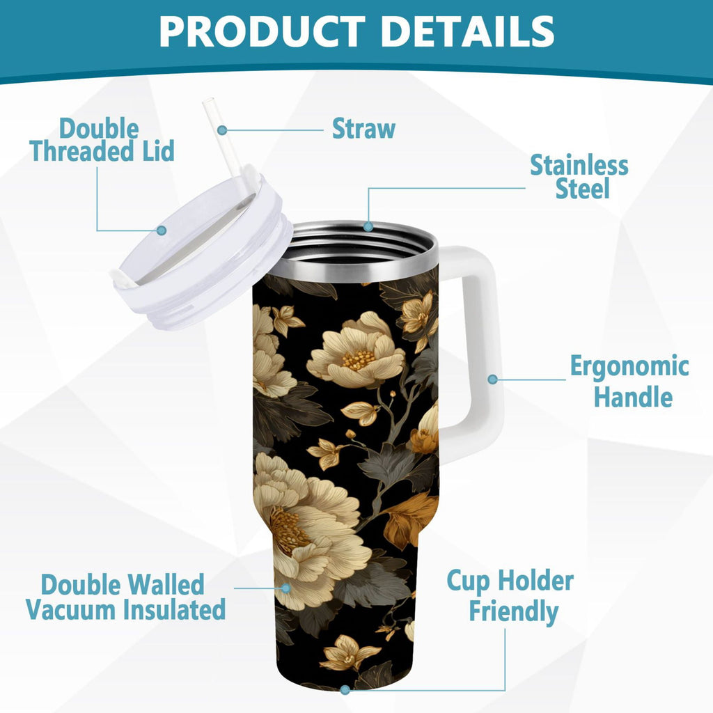 30 oz Insulated Stainless Steel Tumbler Double Wall Stainless Steel Tumbler with 2-Way Drinking Elegant Beige Floral M486C