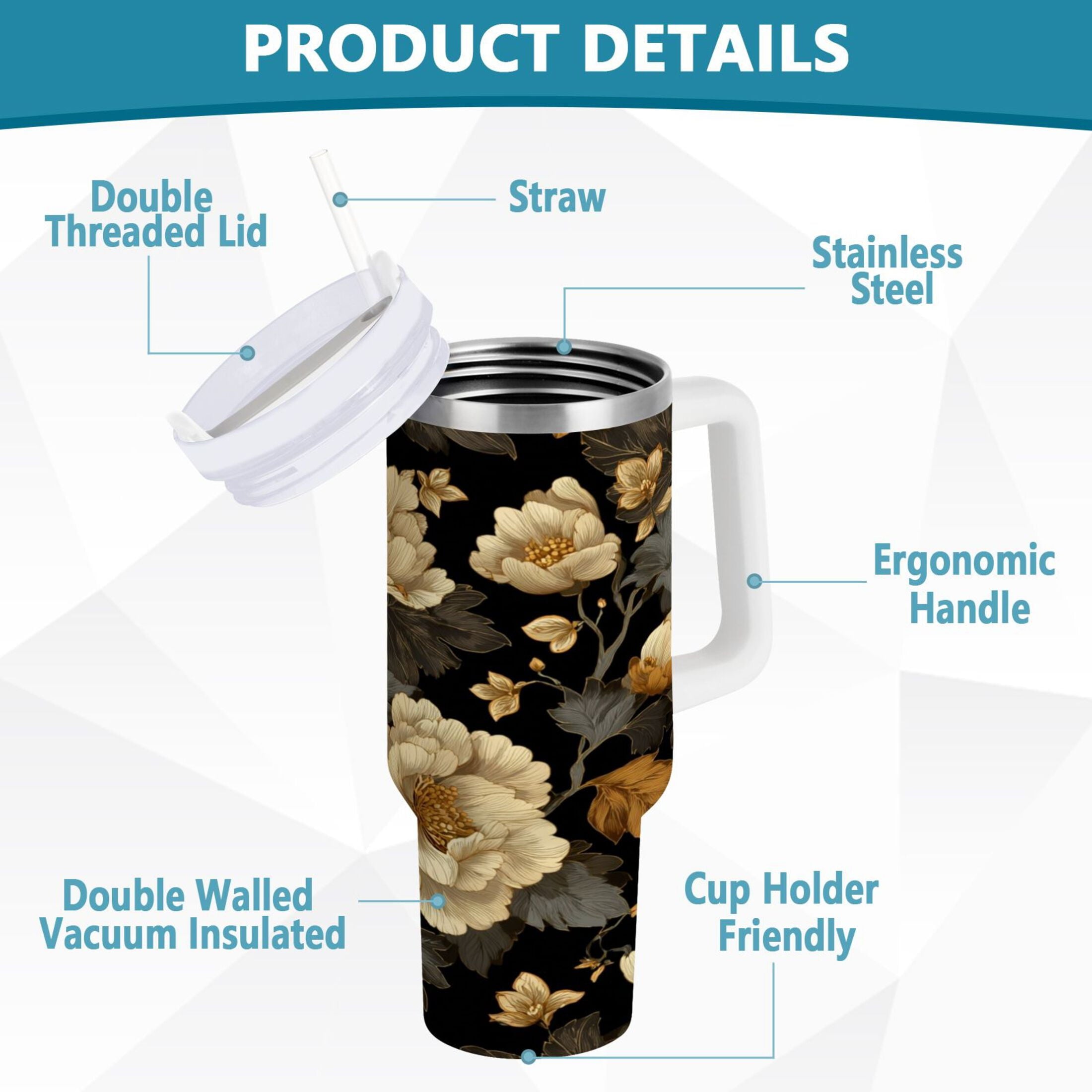 30 oz Insulated Stainless Steel Tumbler Double Wall Stainless Steel Tumbler with 2-Way Drinking Elegant Beige Floral M486C