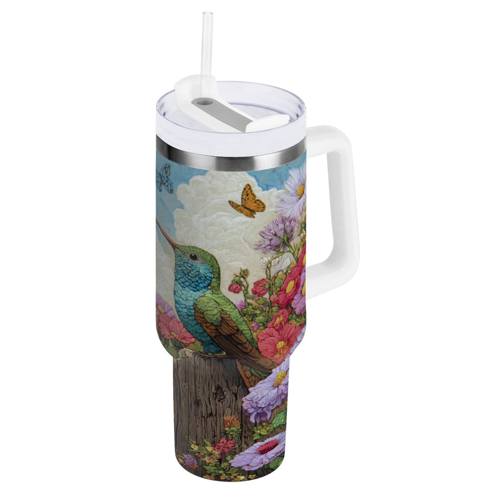30 oz Insulated Stainless Steel Tumbler Double Wall Stainless Steel Tumbler with 2-Way Drinking Hummingbirds and Flowers M480A