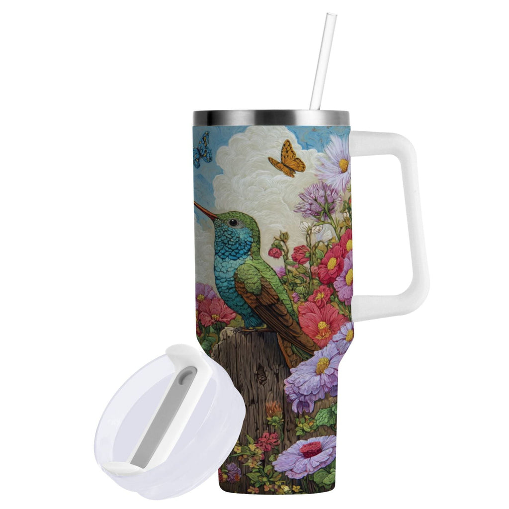 30 oz Insulated Stainless Steel Tumbler Double Wall Stainless Steel Tumbler with 2-Way Drinking Hummingbirds and Flowers M480A