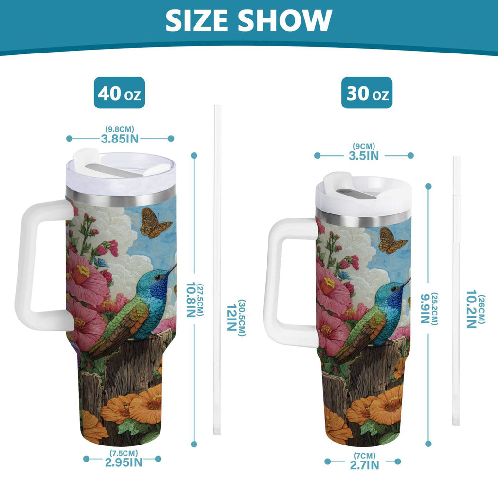 30 oz Insulated Stainless Steel Tumbler Double Wall Stainless Steel Tumbler with 2-Way Drinking Hummingbirds and Flowers M480A