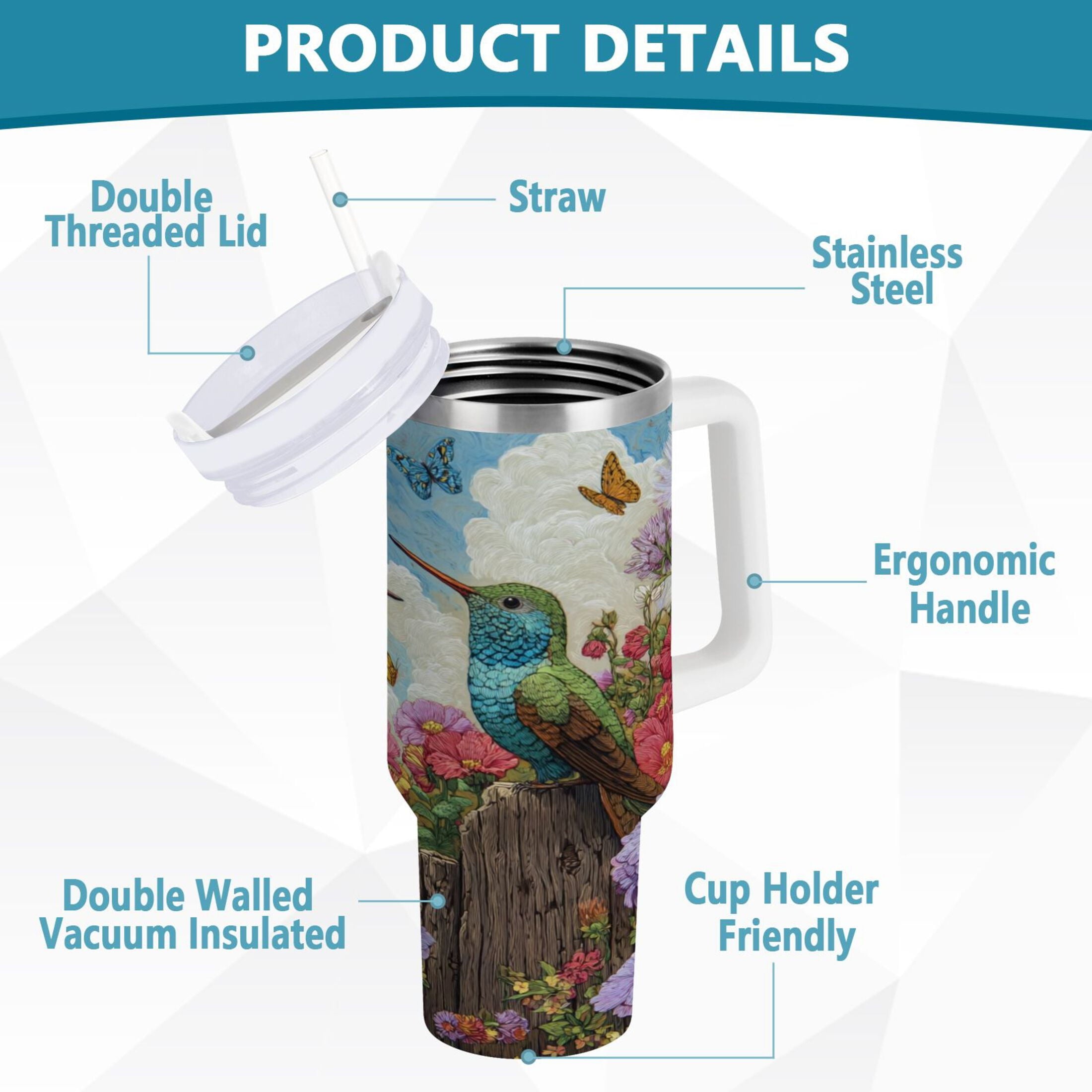 30 oz Insulated Stainless Steel Tumbler Double Wall Stainless Steel Tumbler with 2-Way Drinking Hummingbirds and Flowers M480A