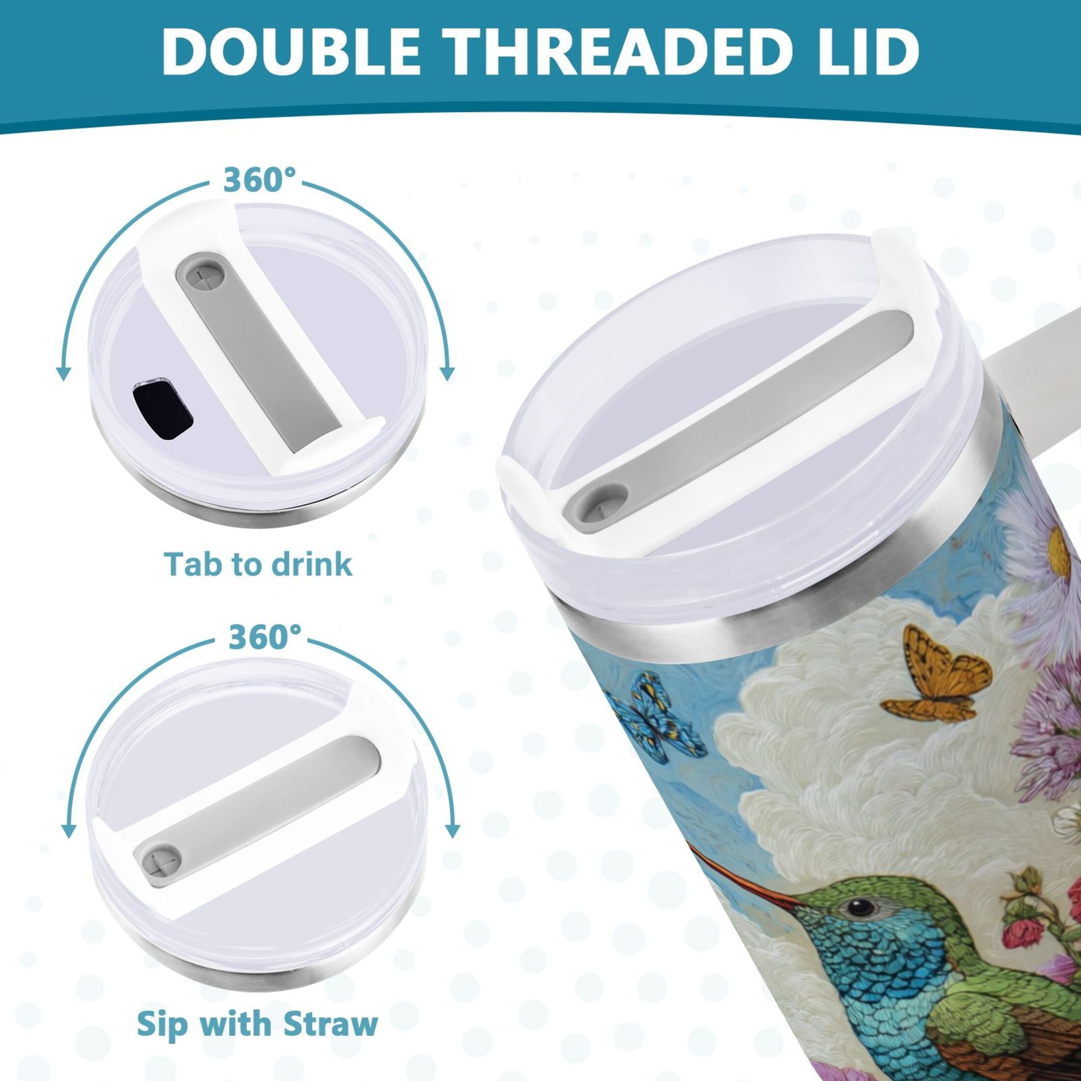 30 oz Insulated Stainless Steel Tumbler Double Wall Stainless Steel Tumbler with 2-Way Drinking Hummingbirds and Flowers M480A