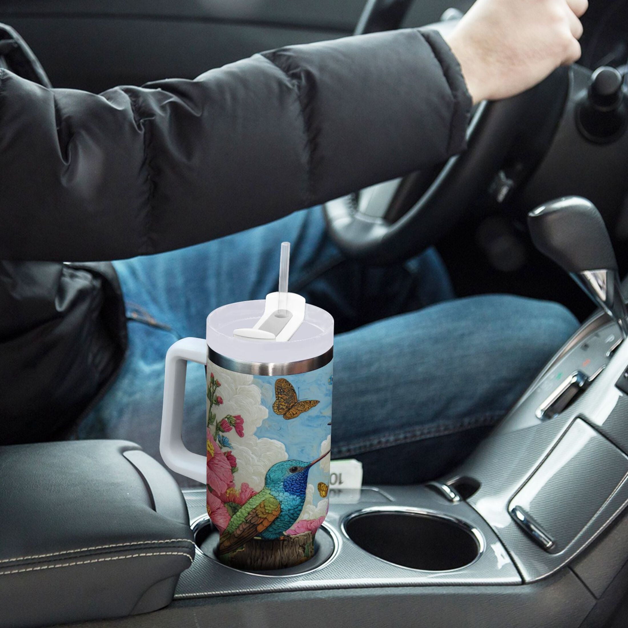 30 oz Insulated Stainless Steel Tumbler Double Wall Stainless Steel Tumbler with 2-Way Drinking Hummingbirds and Flowers M480A