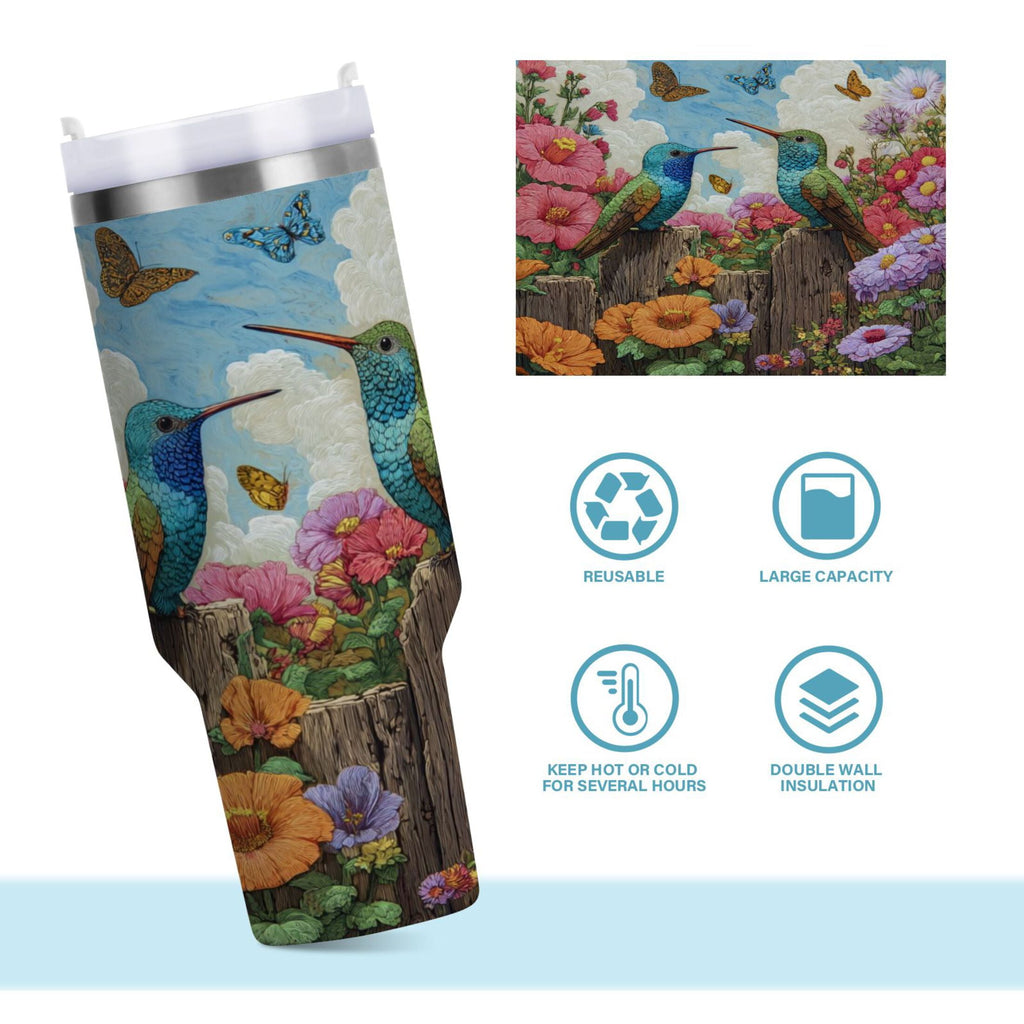 30 oz Insulated Stainless Steel Tumbler Double Wall Stainless Steel Tumbler with 2-Way Drinking Hummingbirds and Flowers M480A