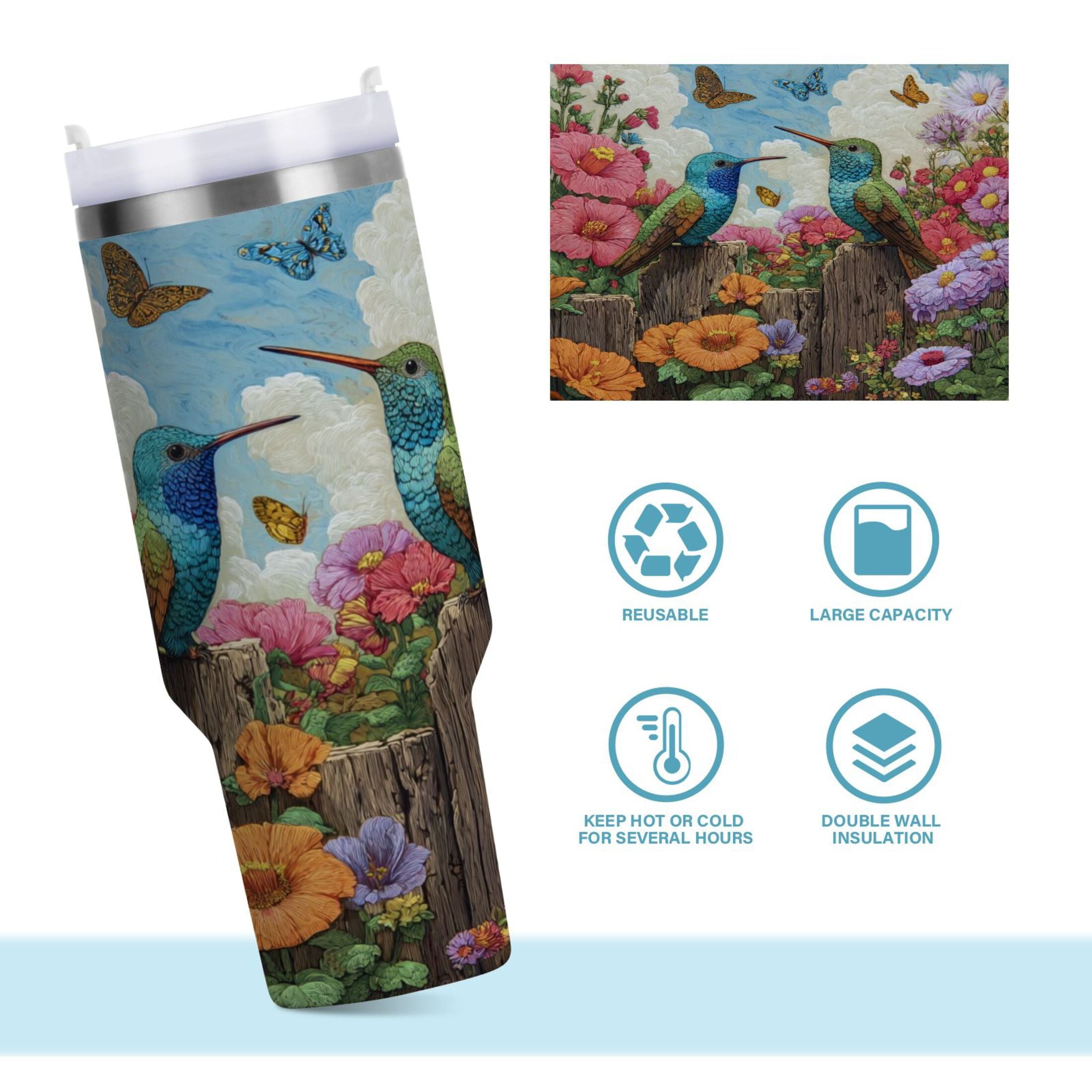 30 oz Insulated Stainless Steel Tumbler Double Wall Stainless Steel Tumbler with 2-Way Drinking Hummingbirds and Flowers M480A