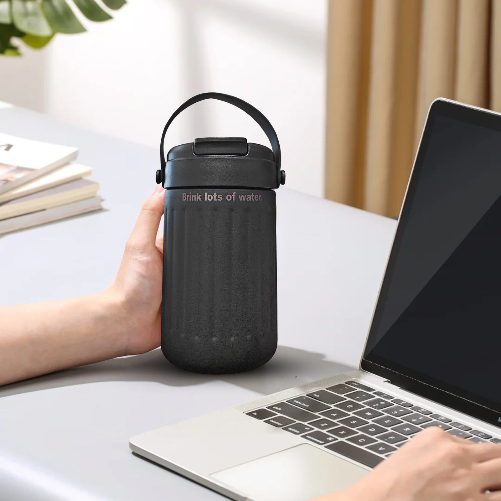 BinKFF Simple Modern Travel Coffee Mug, Insulated Coffee Tumblers with Lid, Double Walled Iced Travel Coffee Mug for Woman and Man Stainless Steel Tumbler with Handle M442Y