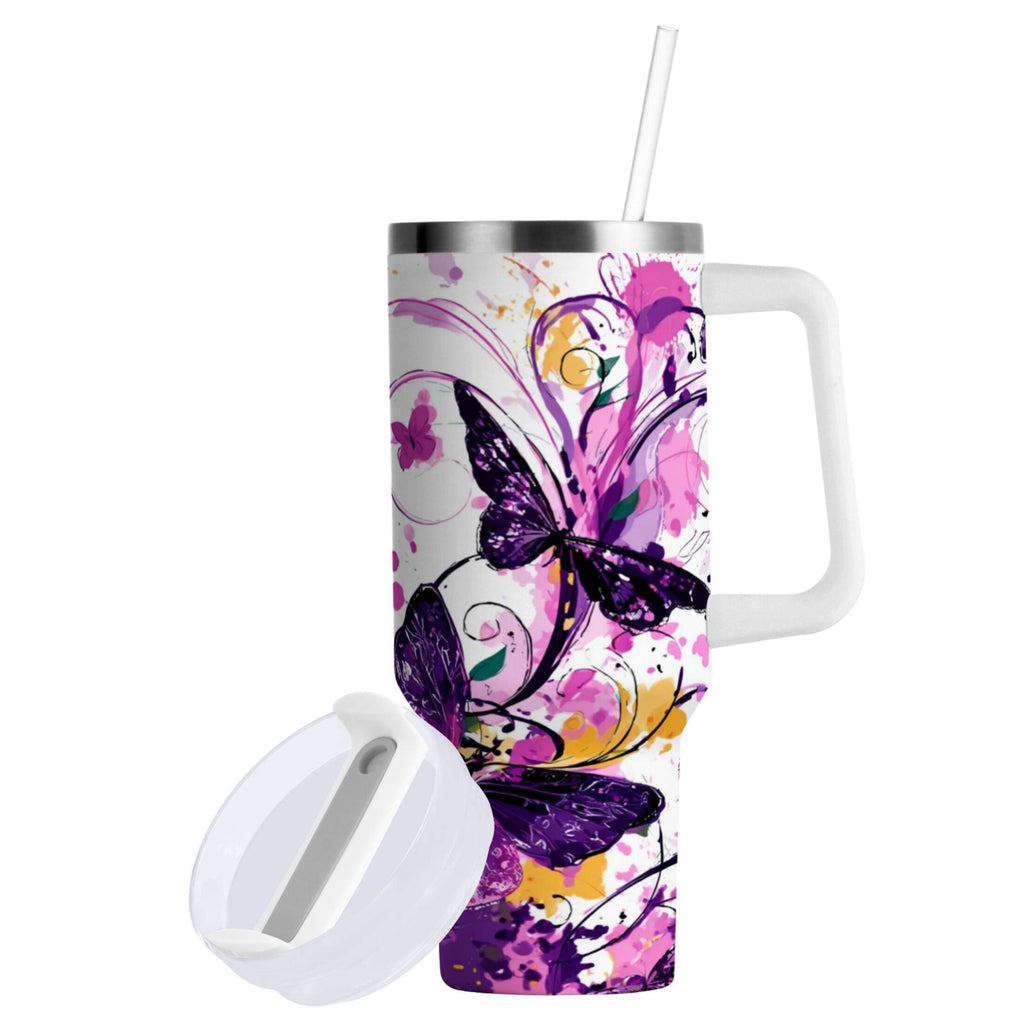 40 oz Insulated Stainless Steel Tumbler Double Wall Stainless Steel Tumbler with 2-Way Drinking Purple Butterfly M444E