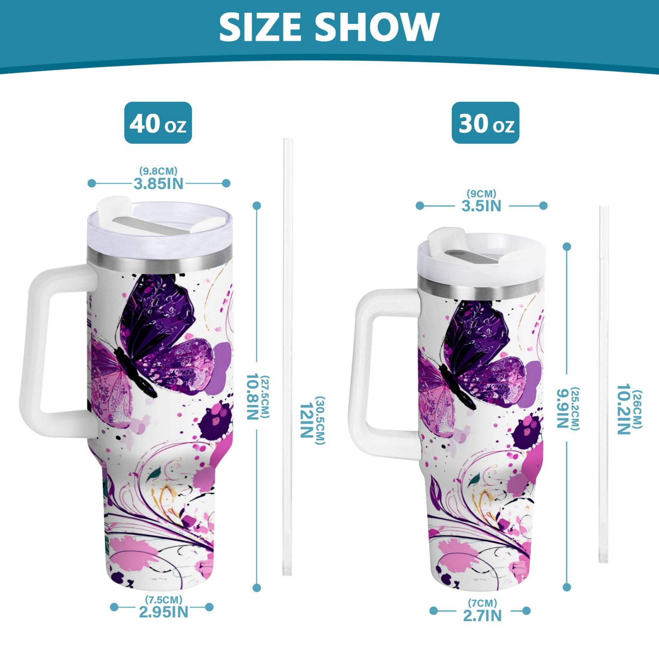 40 oz Insulated Stainless Steel Tumbler Double Wall Stainless Steel Tumbler with 2-Way Drinking Purple Butterfly M444E