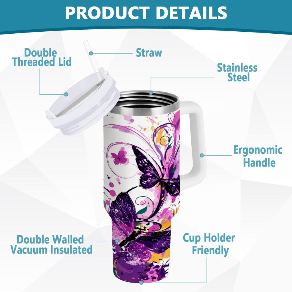 40 oz Insulated Stainless Steel Tumbler Double Wall Stainless Steel Tumbler with 2-Way Drinking Purple Butterfly M444E