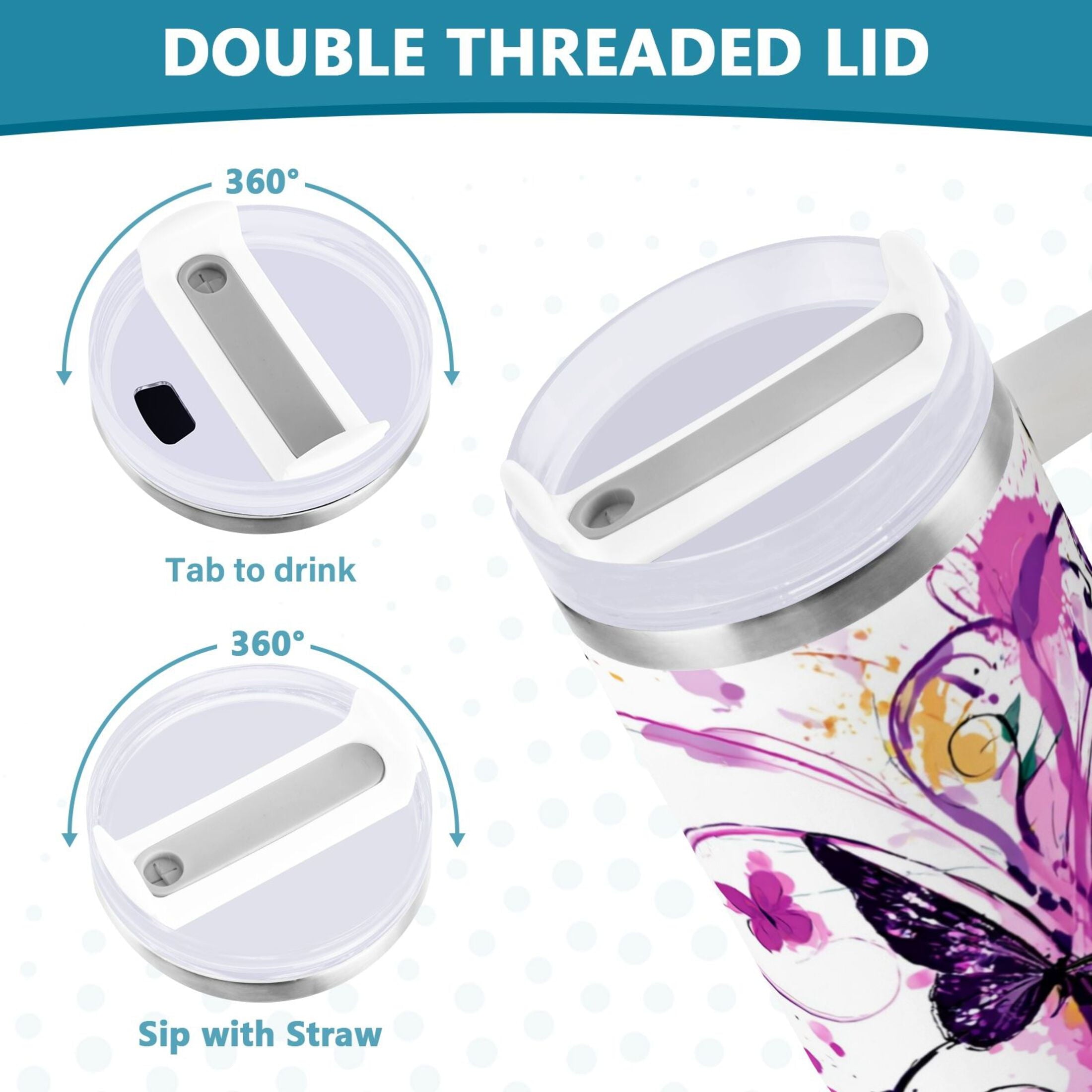 40 oz Insulated Stainless Steel Tumbler Double Wall Stainless Steel Tumbler with 2-Way Drinking Purple Butterfly M444E