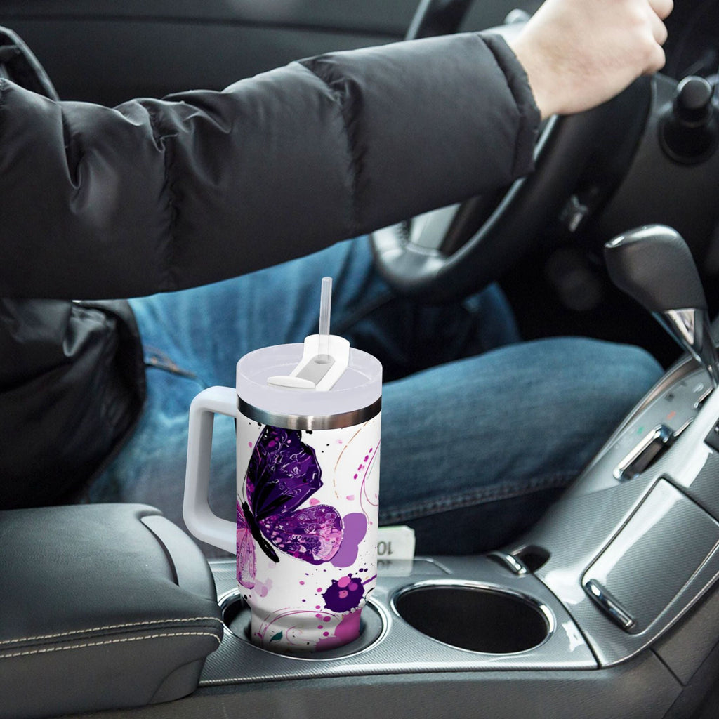 40 oz Insulated Stainless Steel Tumbler Double Wall Stainless Steel Tumbler with 2-Way Drinking Purple Butterfly M444E