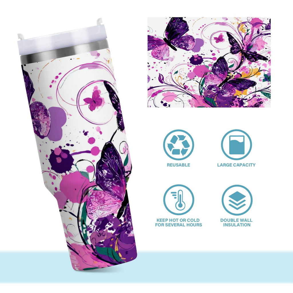 40 oz Insulated Stainless Steel Tumbler Double Wall Stainless Steel Tumbler with 2-Way Drinking Purple Butterfly M444E
