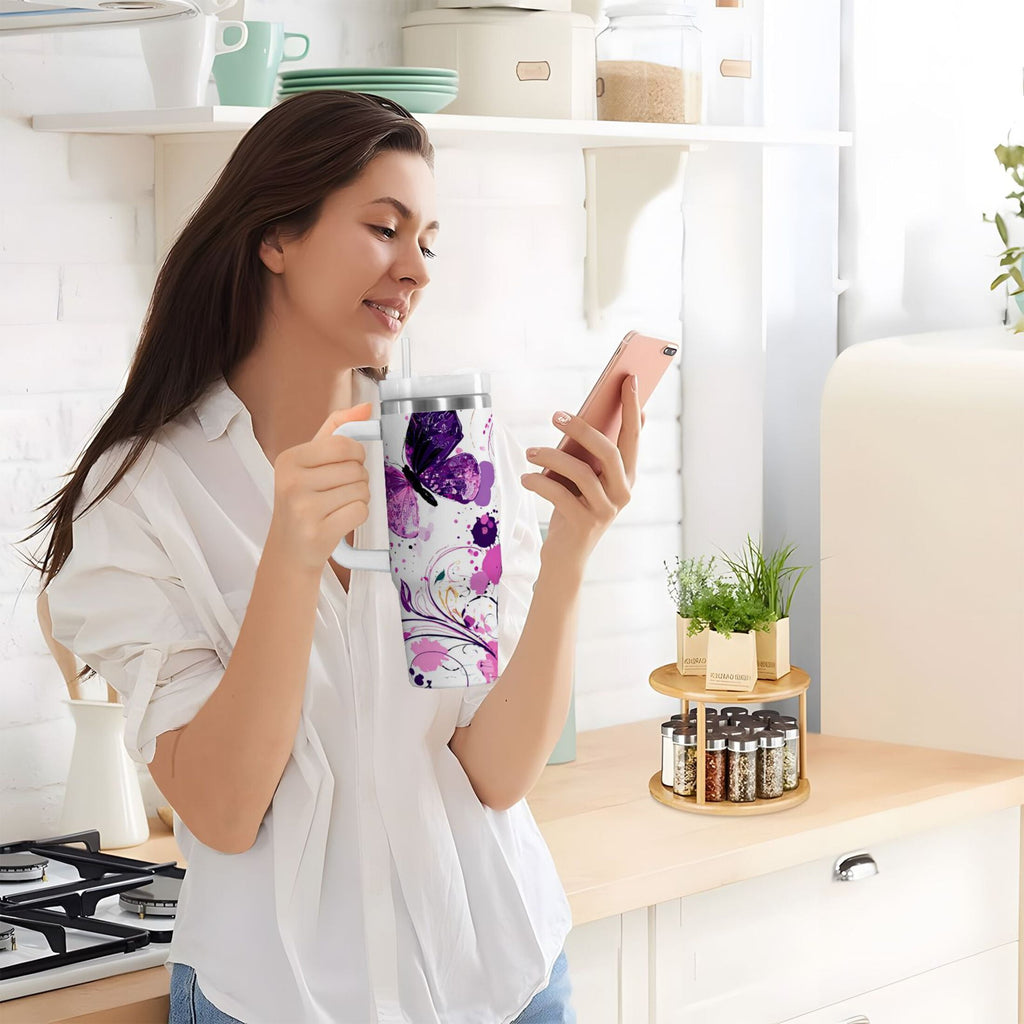 40 oz Insulated Stainless Steel Tumbler Double Wall Stainless Steel Tumbler with 2-Way Drinking Purple Butterfly M444E