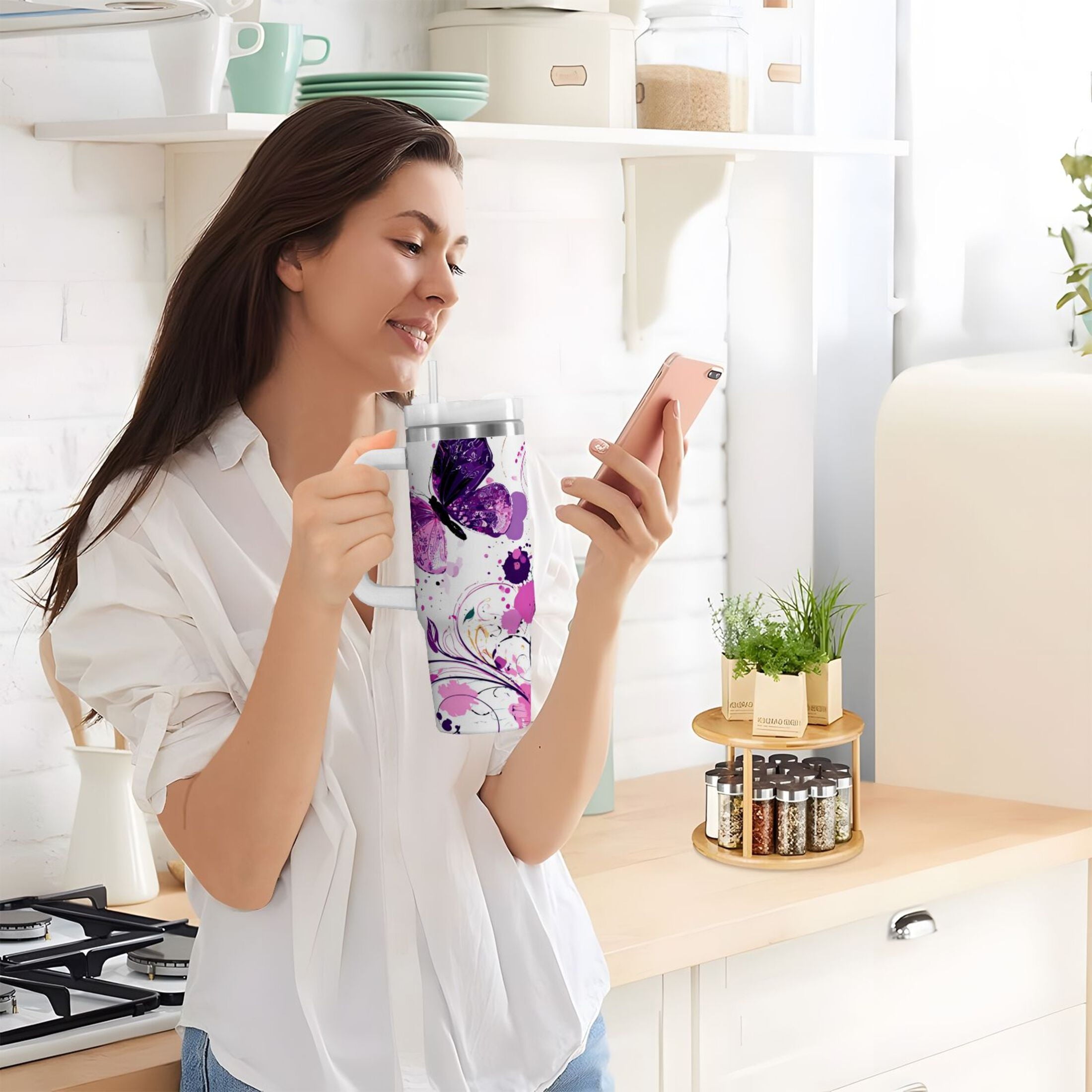 40 oz Insulated Stainless Steel Tumbler Double Wall Stainless Steel Tumbler with 2-Way Drinking Purple Butterfly M444E
