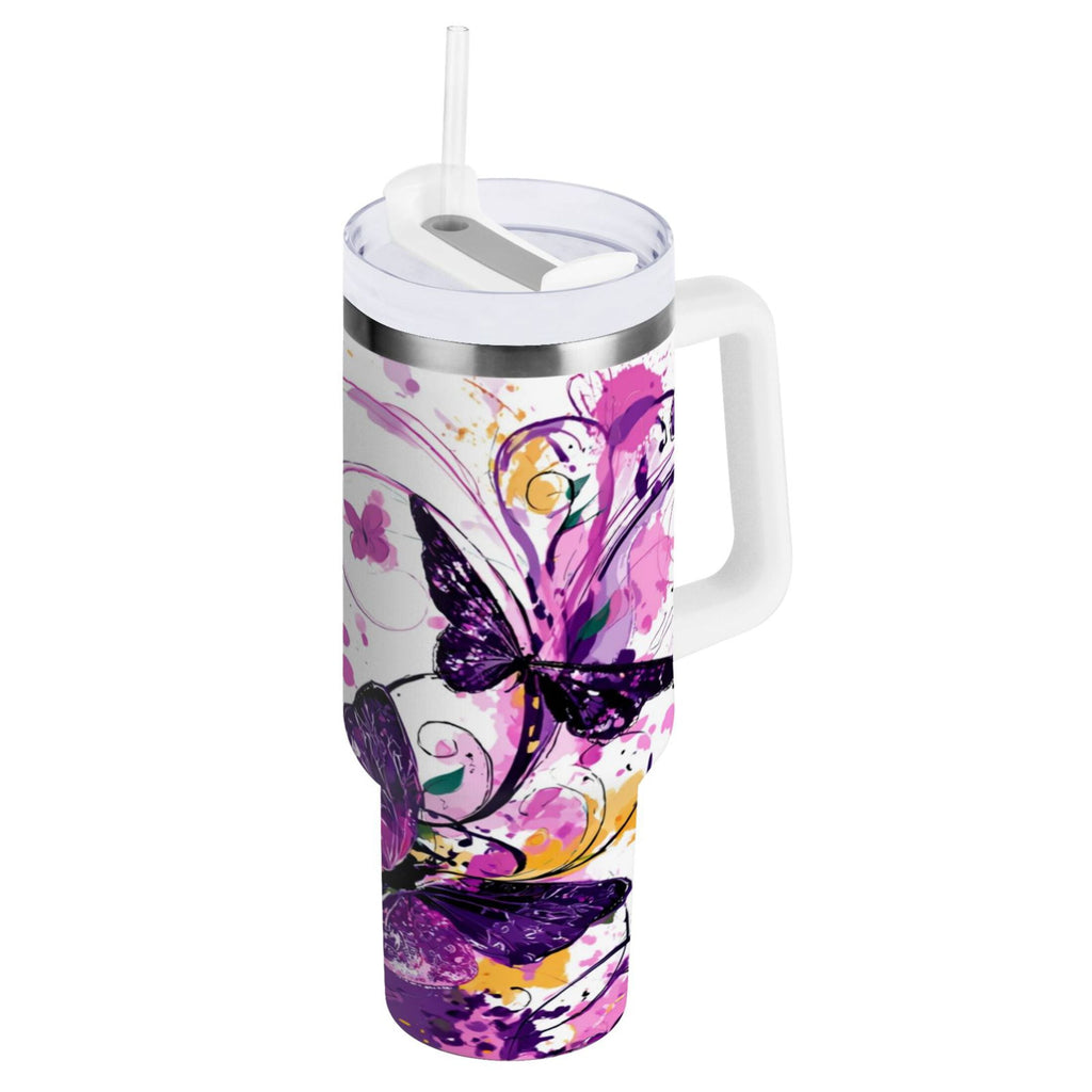 40 oz Insulated Stainless Steel Tumbler Double Wall Stainless Steel Tumbler with 2-Way Drinking Purple Butterfly M444E