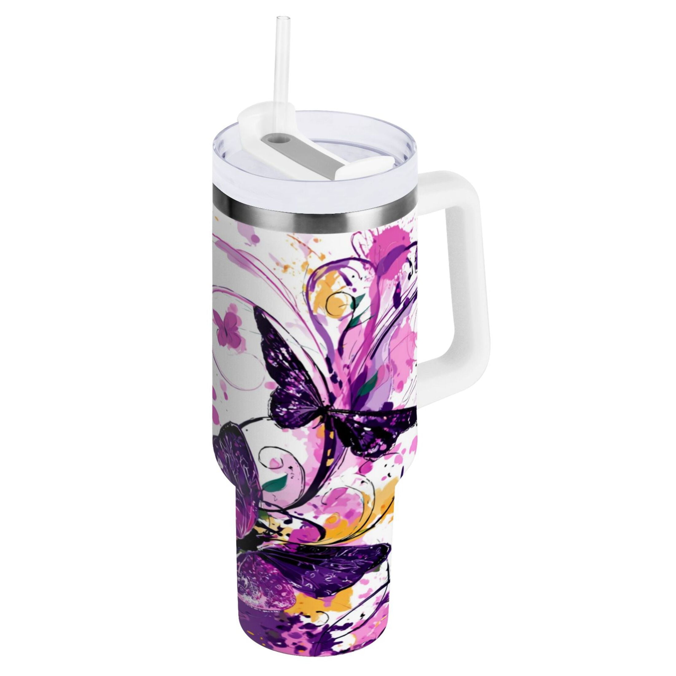 40 oz Insulated Stainless Steel Tumbler Double Wall Stainless Steel Tumbler with 2-Way Drinking Purple Butterfly M444E