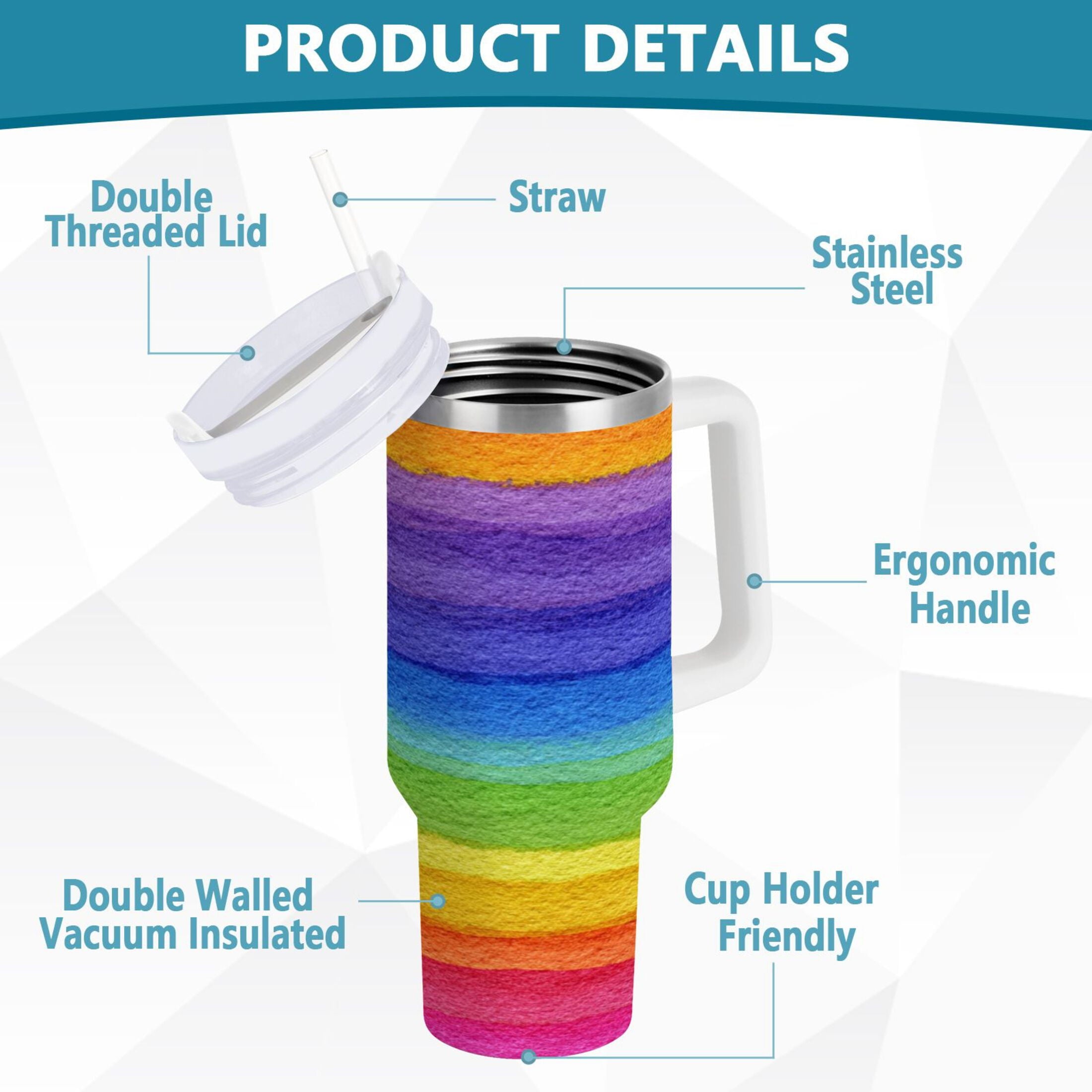 30 oz Insulated Stainless Steel Tumbler Double Wall Stainless Steel Tumbler with 2-Way Drinking Watercolor Rainbow Colors M448U