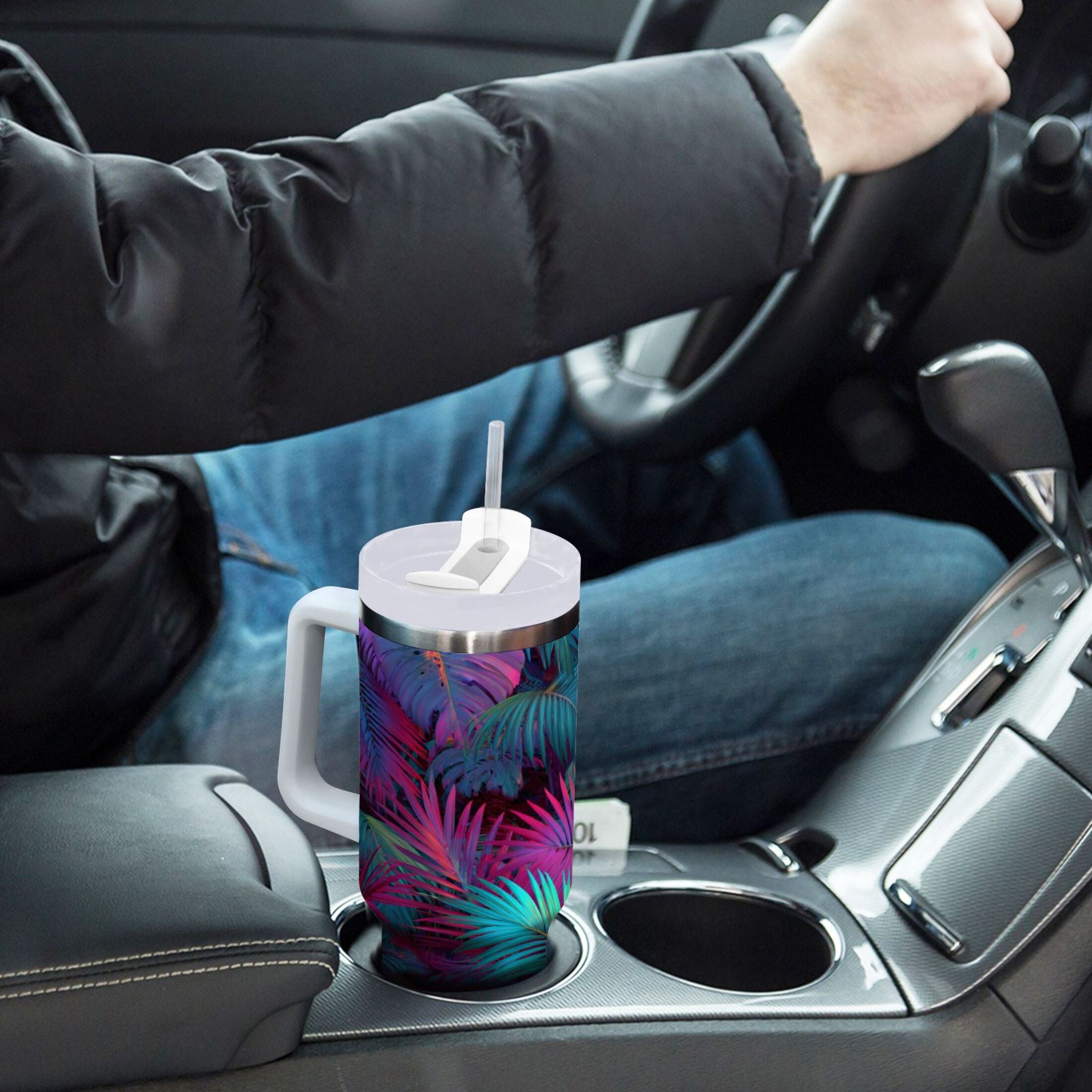 30 oz Insulated Stainless Steel Tumbler Double Wall Stainless Steel Tumbler with 2-Way Drinking Vibrant and Shimmering Jungle M470W