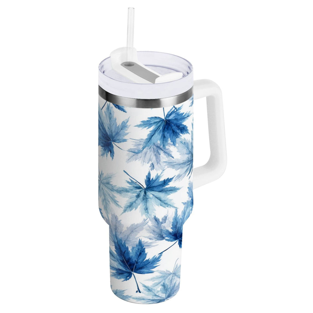 30 oz Insulated Stainless Steel Tumbler Double Wall Stainless Steel Tumbler with 2-Way Drinking Abstract Blue Maple Leaves M581Z