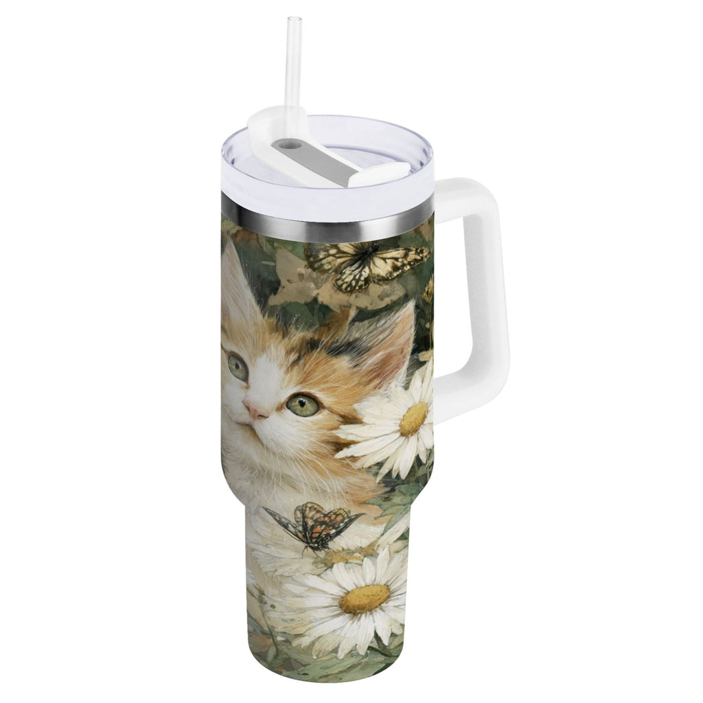 30 oz Insulated Stainless Steel Tumbler Double Wall Stainless Steel Tumbler with 2-Way Drinking Adorable Cats and Daisies M602F