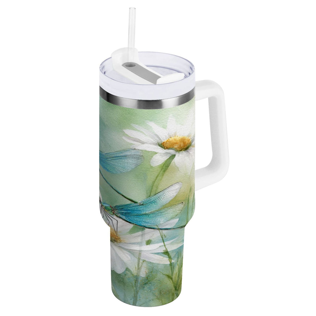 30 oz Insulated Stainless Steel Tumbler Double Wall Stainless Steel Tumbler with 2-Way Drinking Beautiful Dragonflies and Daisies M638L