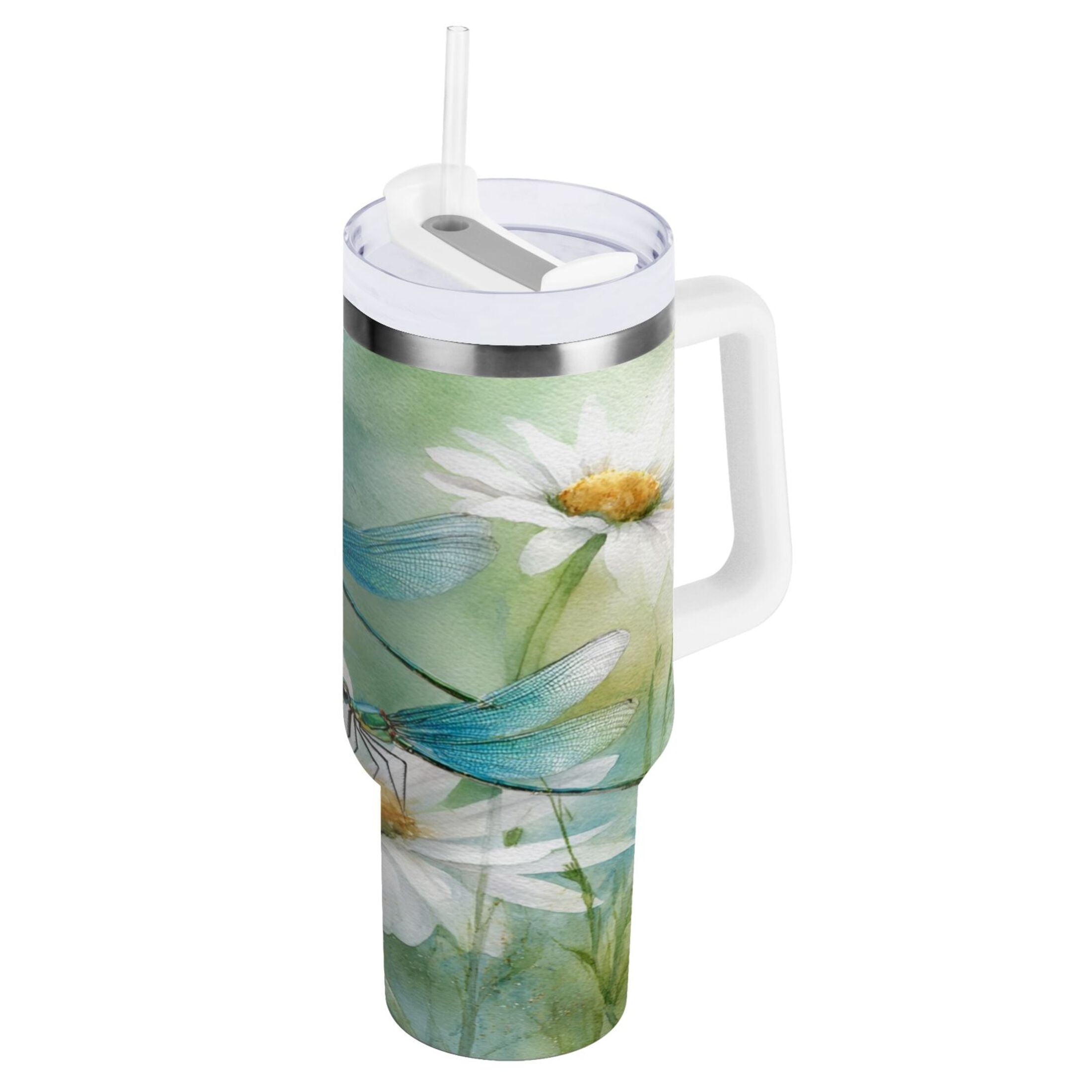 30 oz Insulated Stainless Steel Tumbler Double Wall Stainless Steel Tumbler with 2-Way Drinking Beautiful Dragonflies and Daisies M638L