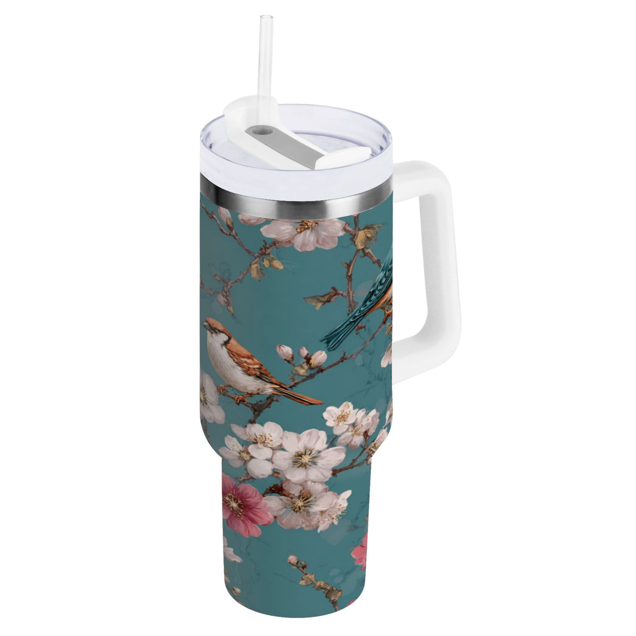 30 oz Insulated Stainless Steel Tumbler Double Wall Stainless Steel Tumbler with 2-Way Drinking Birds and Cherry Pattern M537X