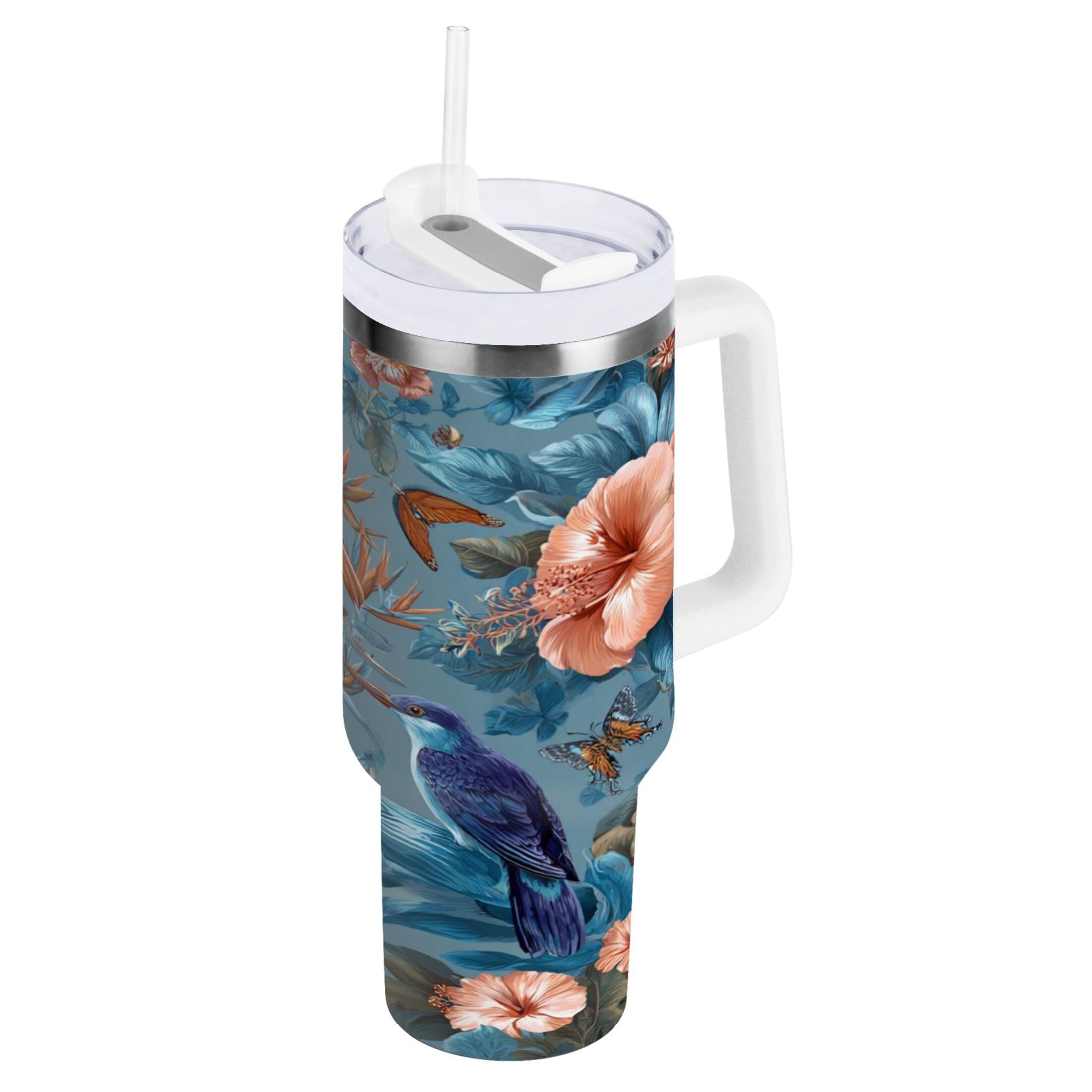 30 oz Insulated Stainless Steel Tumbler Double Wall Stainless Steel Tumbler with 2-Way Drinking Birds and Flowers M552X