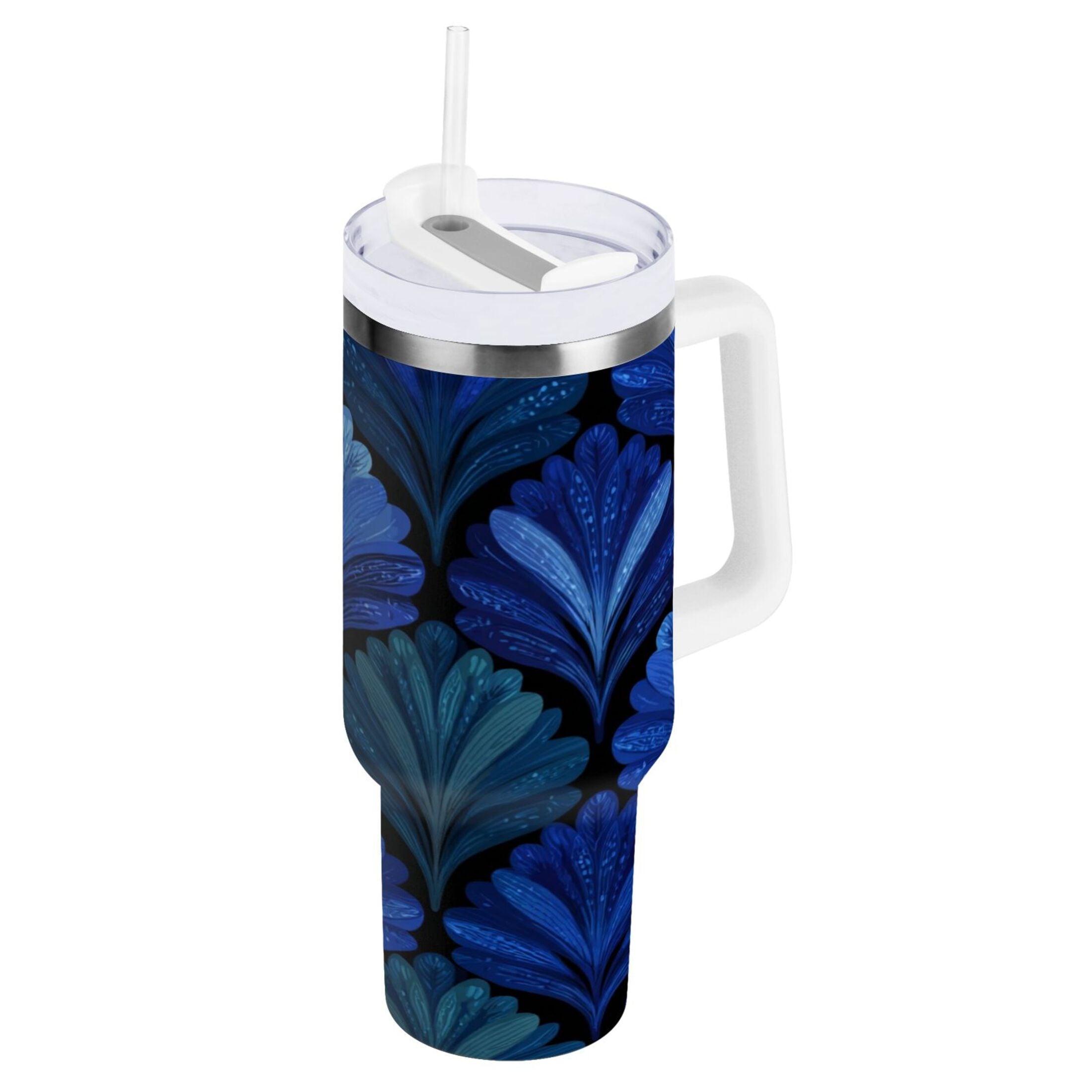 30 oz Insulated Stainless Steel Tumbler Double Wall Stainless Steel Tumbler with 2-Way Drinking Blue Batik Leaves Pattern M525M