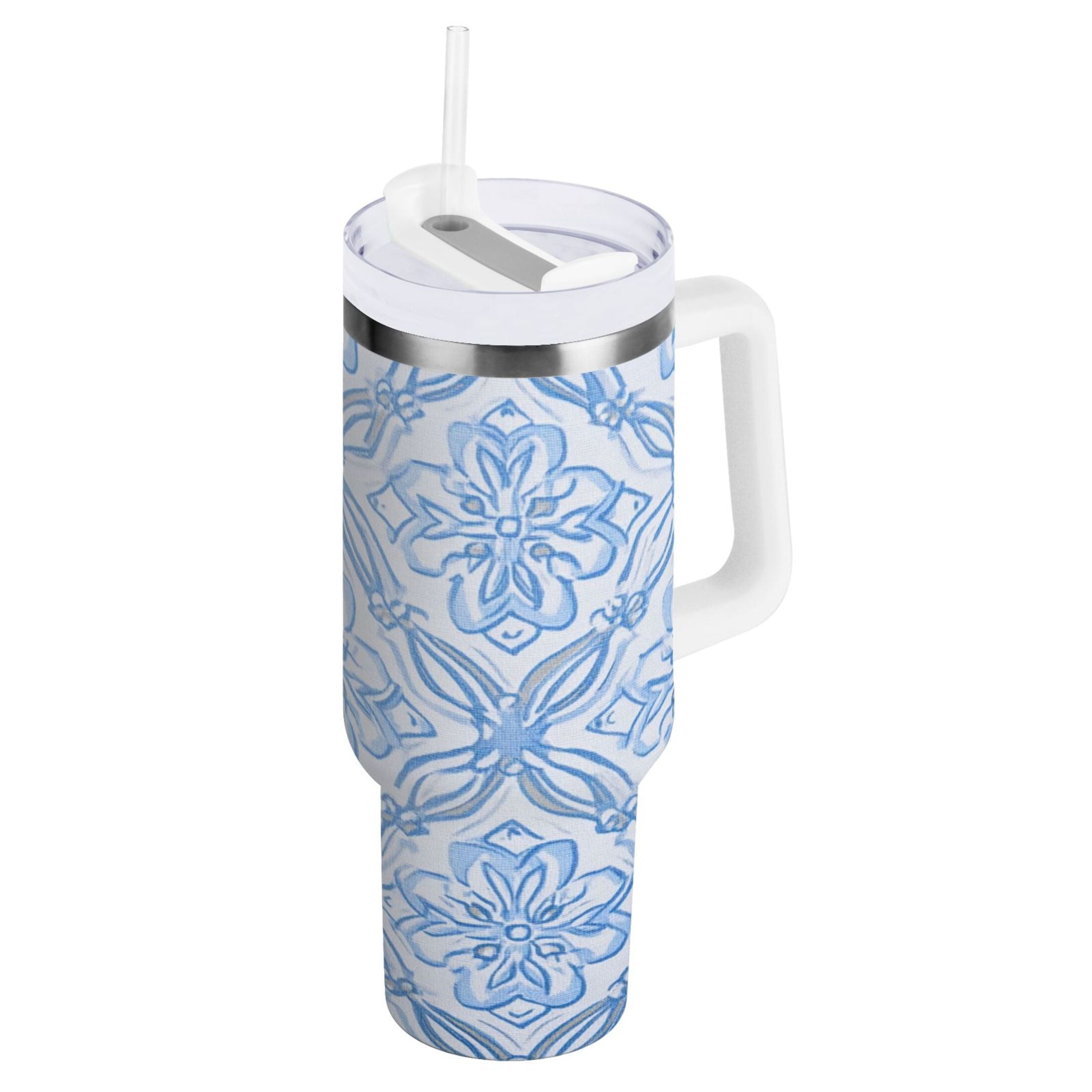 30 oz Insulated Stainless Steel Tumbler Double Wall Stainless Steel Tumbler with 2-Way Drinking Blue Elegant Geometric Design M623L