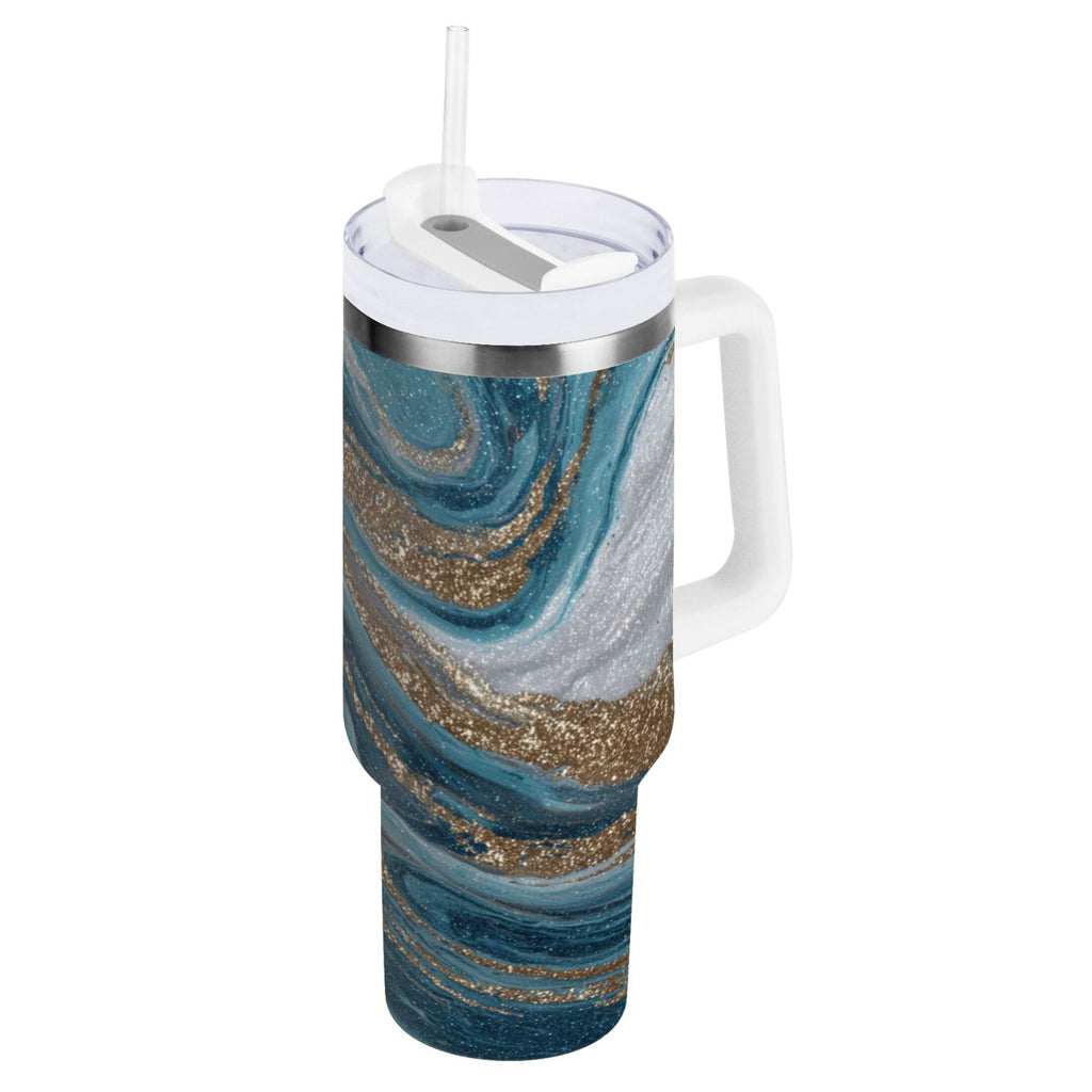 30 oz Insulated Stainless Steel Tumbler Double Wall Stainless Steel Tumbler with 2-Way Drinking Blue and Gold Swirling M497N