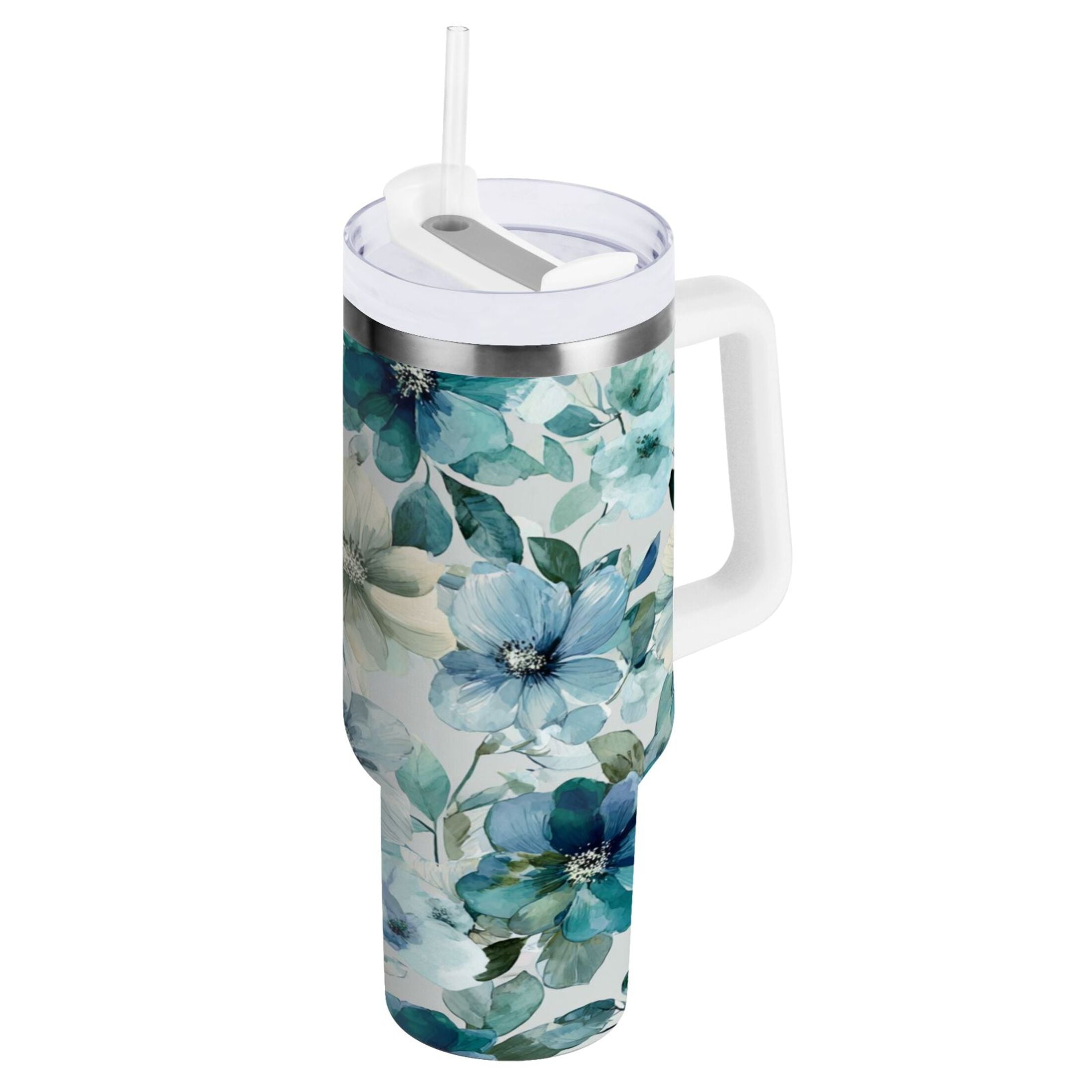 30 oz Insulated Stainless Steel Tumbler Double Wall Stainless Steel Tumbler with 2-Way Drinking Blue and Green Flowers M476M