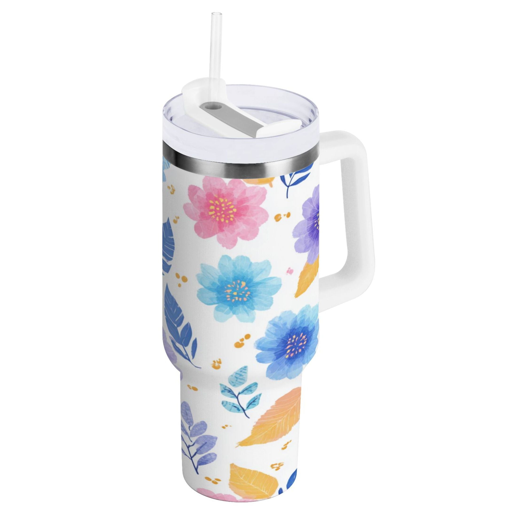 30 oz Insulated Stainless Steel Tumbler Double Wall Stainless Steel Tumbler with 2-Way Drinking Blue and Purple Flowers M522K