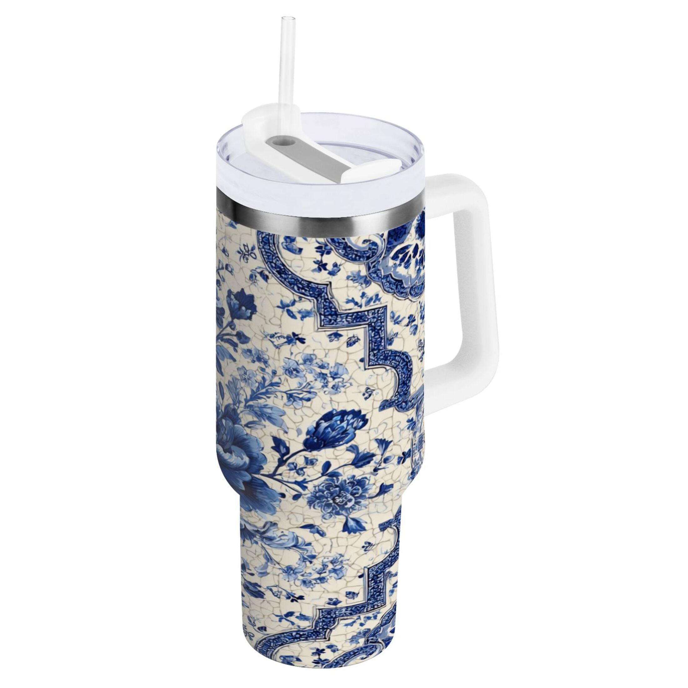 30 oz Insulated Stainless Steel Tumbler Double Wall Stainless Steel Tumbler with 2-Way Drinking Blue and White Porcelain-style M576W