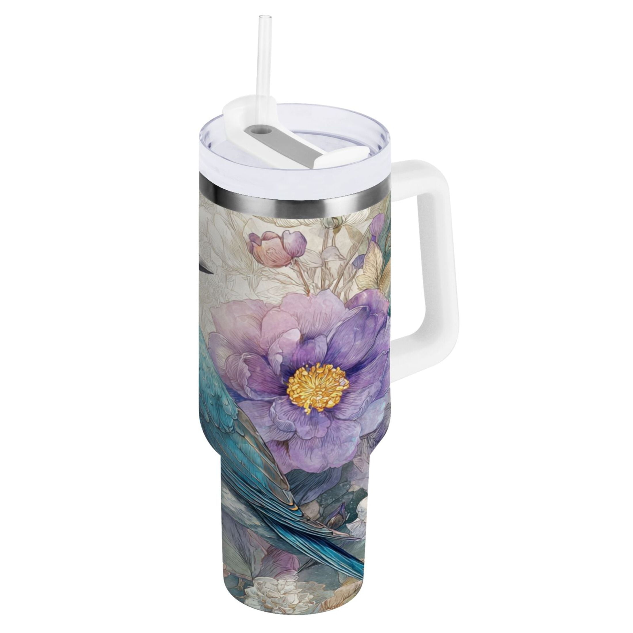 30 oz Insulated Stainless Steel Tumbler Double Wall Stainless Steel Tumbler with 2-Way Drinking Bluebird and Flower M538S