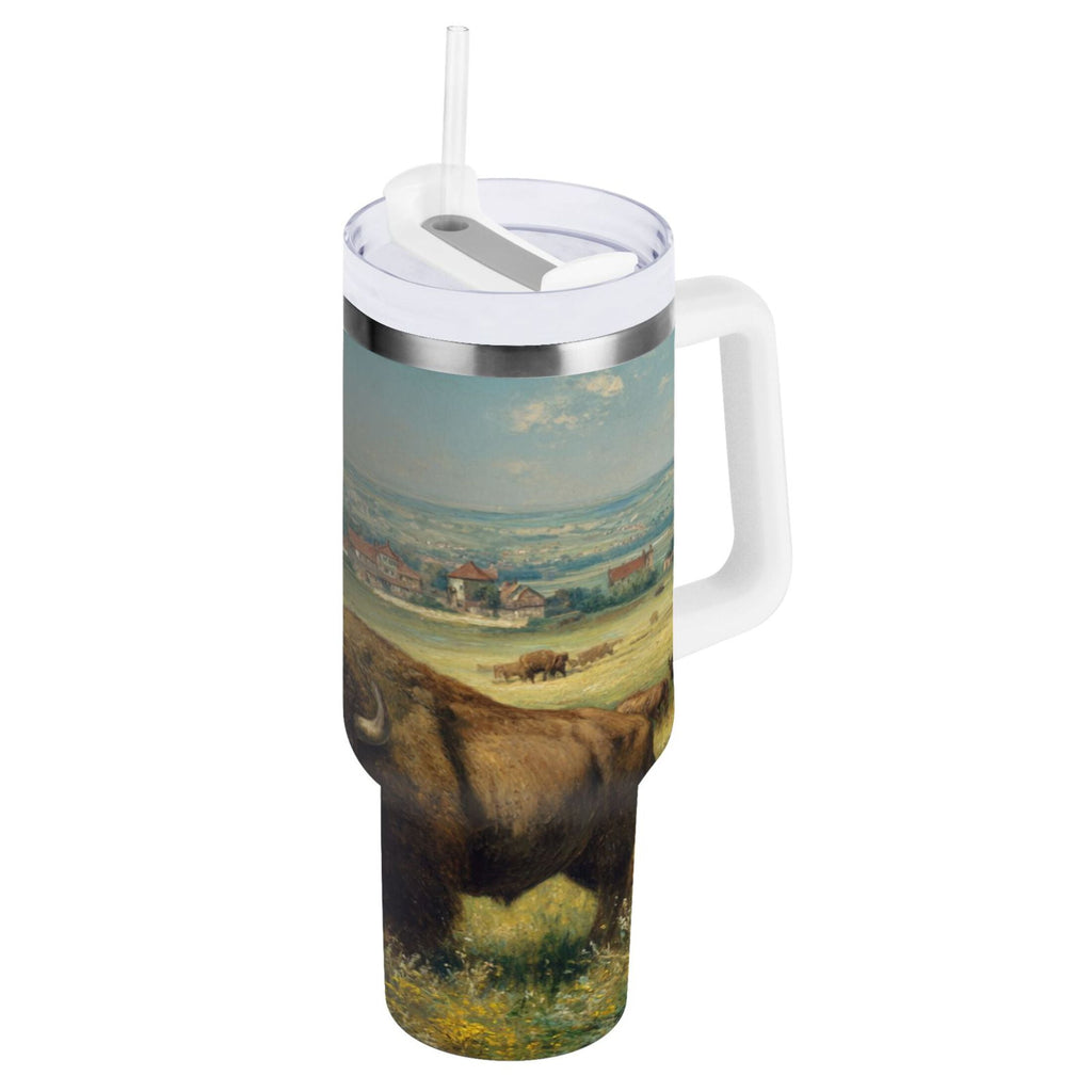 30 oz Insulated Stainless Steel Tumbler Double Wall Stainless Steel Tumbler with 2-Way Drinking Buffalo Herd Oil Painting M660K