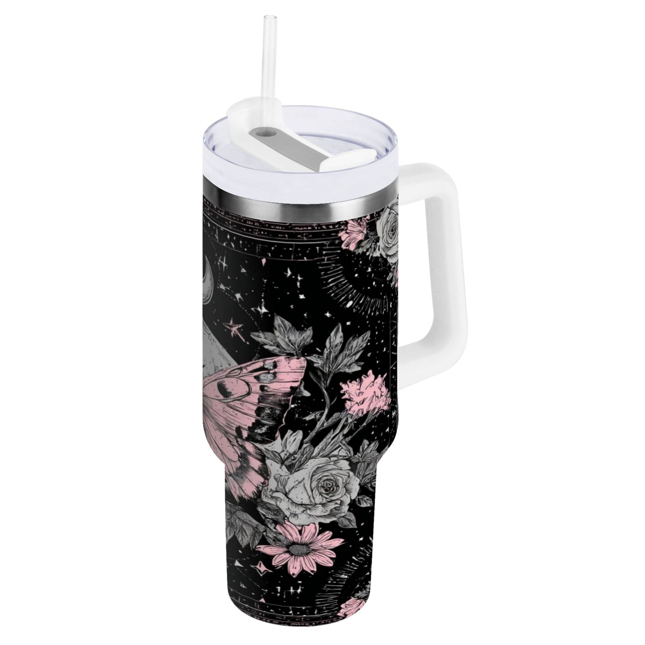 30 oz Insulated Stainless Steel Tumbler Double Wall Stainless Steel Tumbler with 2-Way Drinking Butterfly by Moon and Flowers M542E
