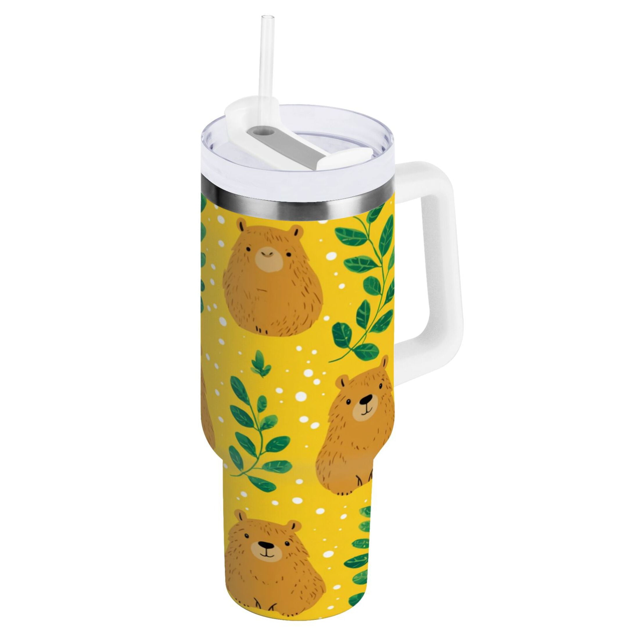 30 oz Insulated Stainless Steel Tumbler Double Wall Stainless Steel Tumbler with 2-Way Drinking Capybara and Green Leaves M658G