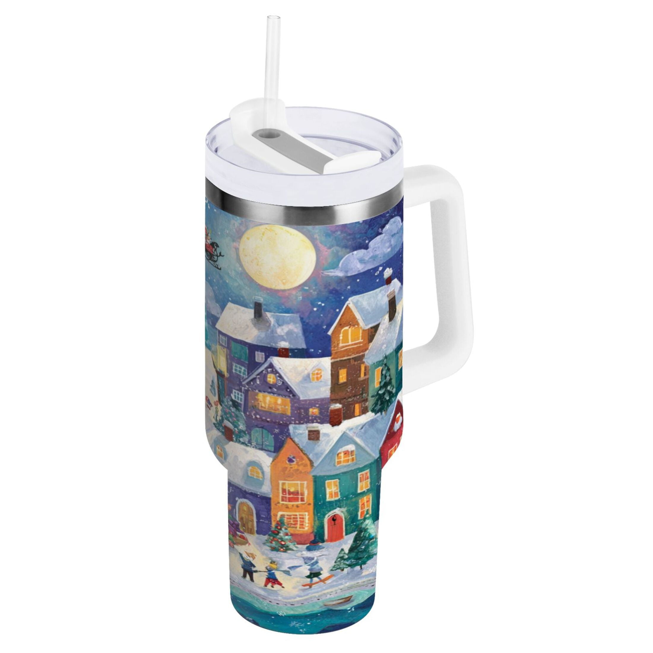 30 oz Insulated Stainless Steel Tumbler Double Wall Stainless Steel Tumbler with 2-Way Drinking Charming Christmas Scene M546J